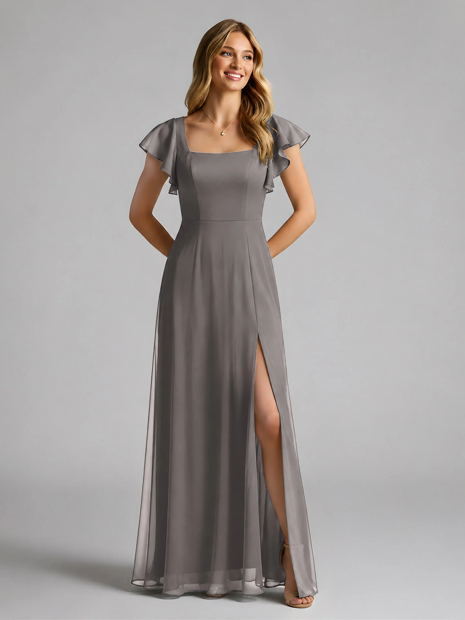Chiffon Square Neck Flutter Sleeves Dresses With Slit Steel Grey
