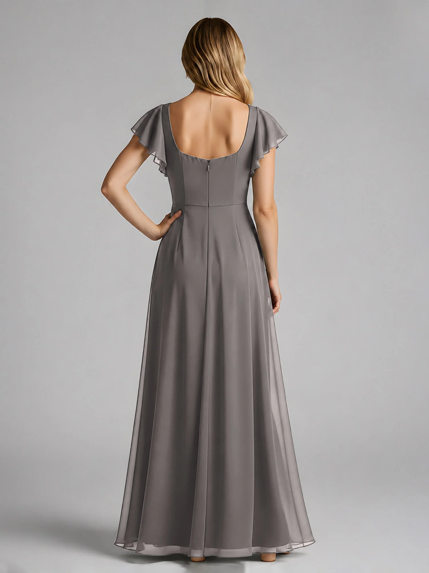 Chiffon Square Neck Flutter Sleeves Dresses With Slit Steel Grey - Image 2