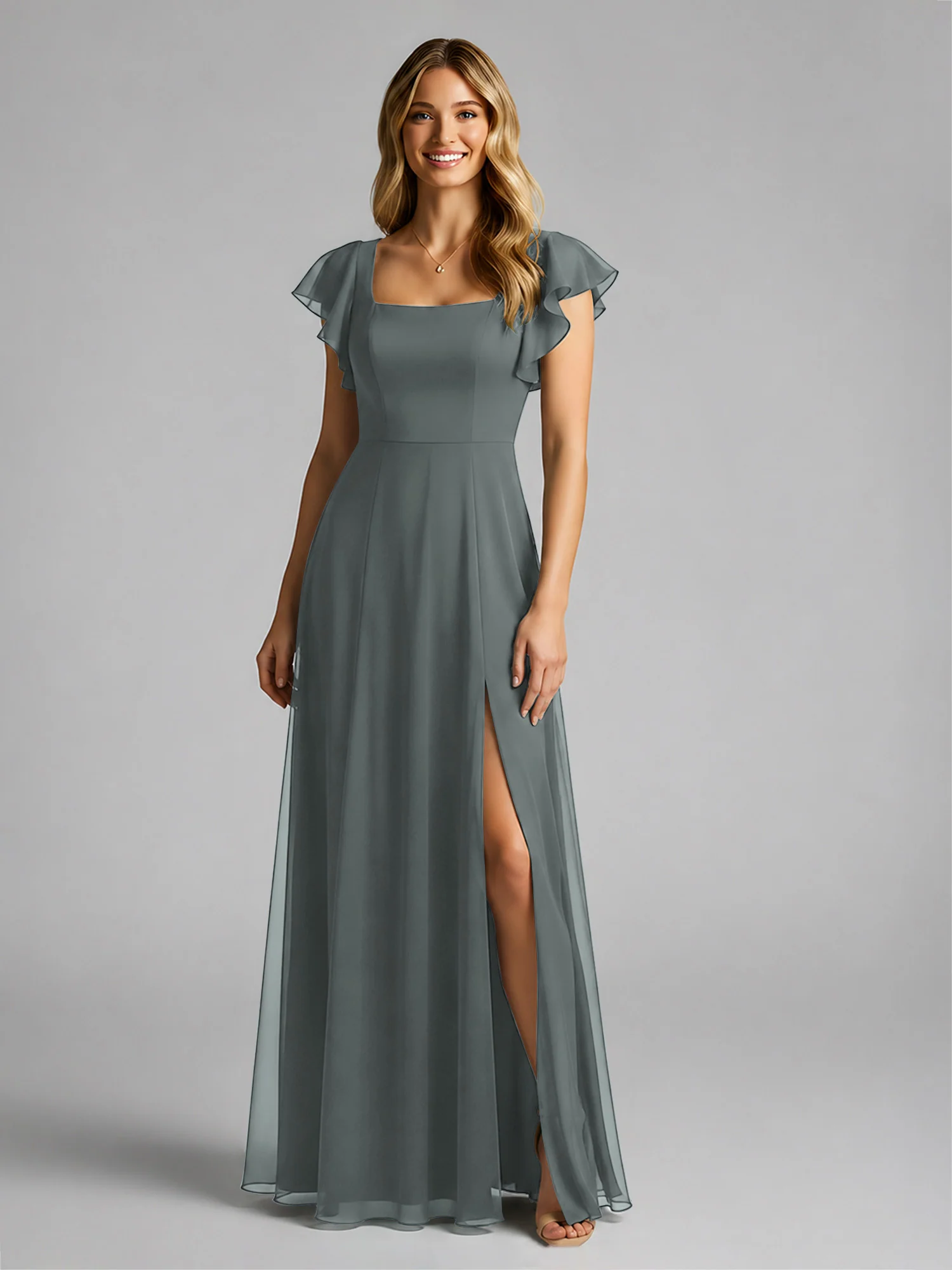 Chiffon Square Neck Flutter Sleeves Dresses With Slit Steel Grey - Image 3