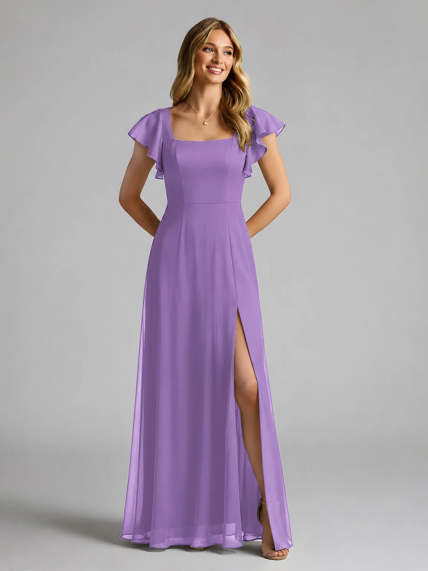 Chiffon Square Neck Flutter Sleeves Dresses With Slit Tahiti
