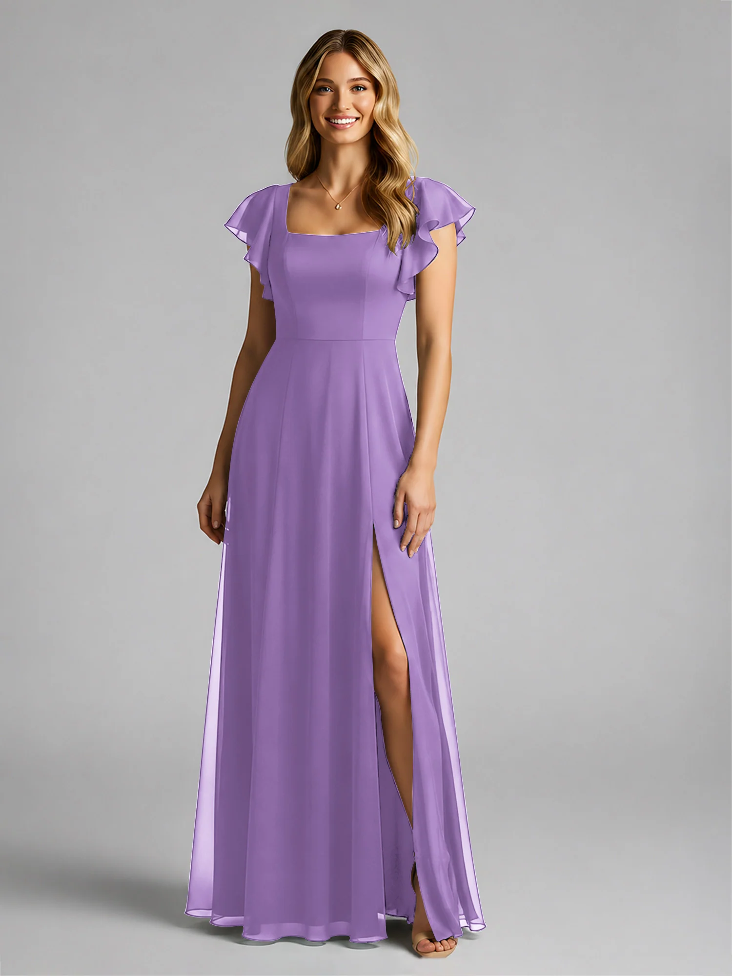 Chiffon Square Neck Flutter Sleeves Dresses With Slit Tahiti - Image 3