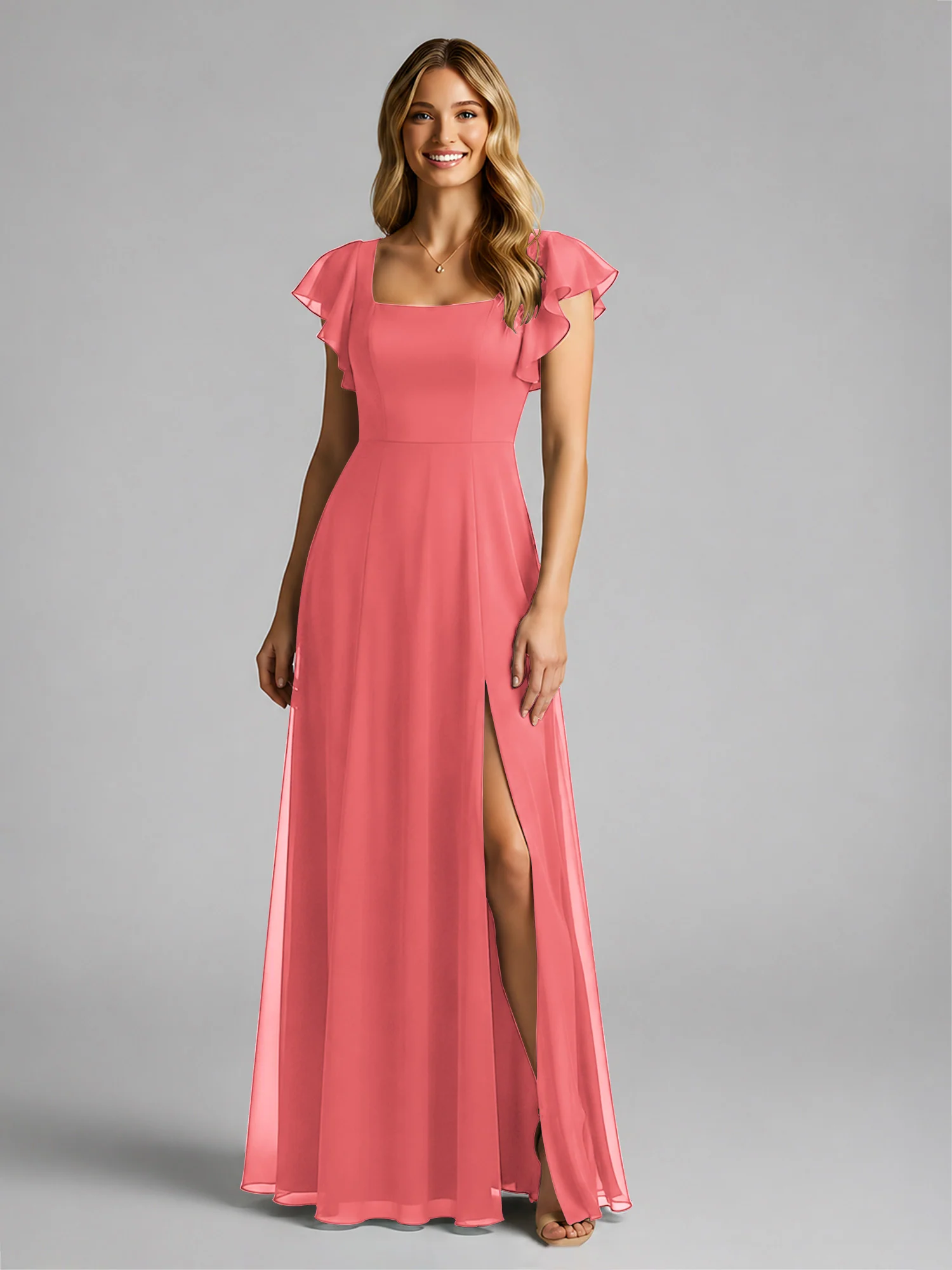 Chiffon Square Neck Flutter Sleeves Dresses With Slit Watermelon - Image 3