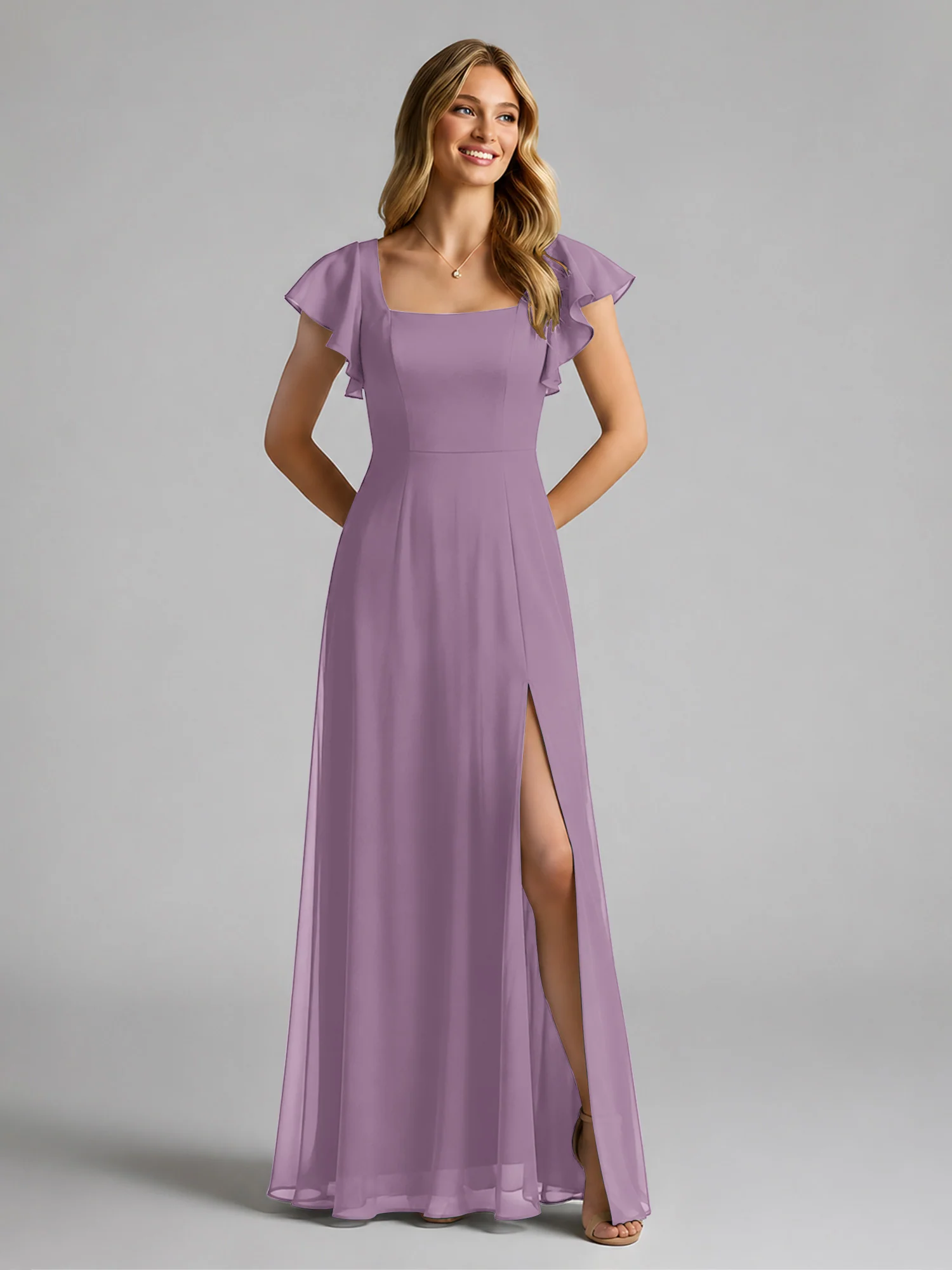 Chiffon Square Neck Flutter Sleeves Dresses With Slit Wisteria
