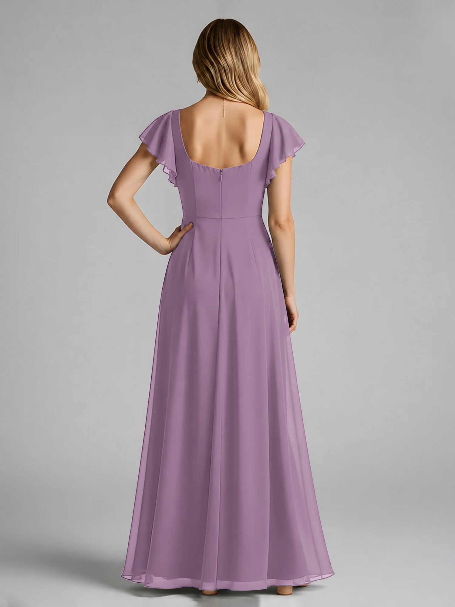 Chiffon Square Neck Flutter Sleeves Dresses With Slit Wisteria - Image 2