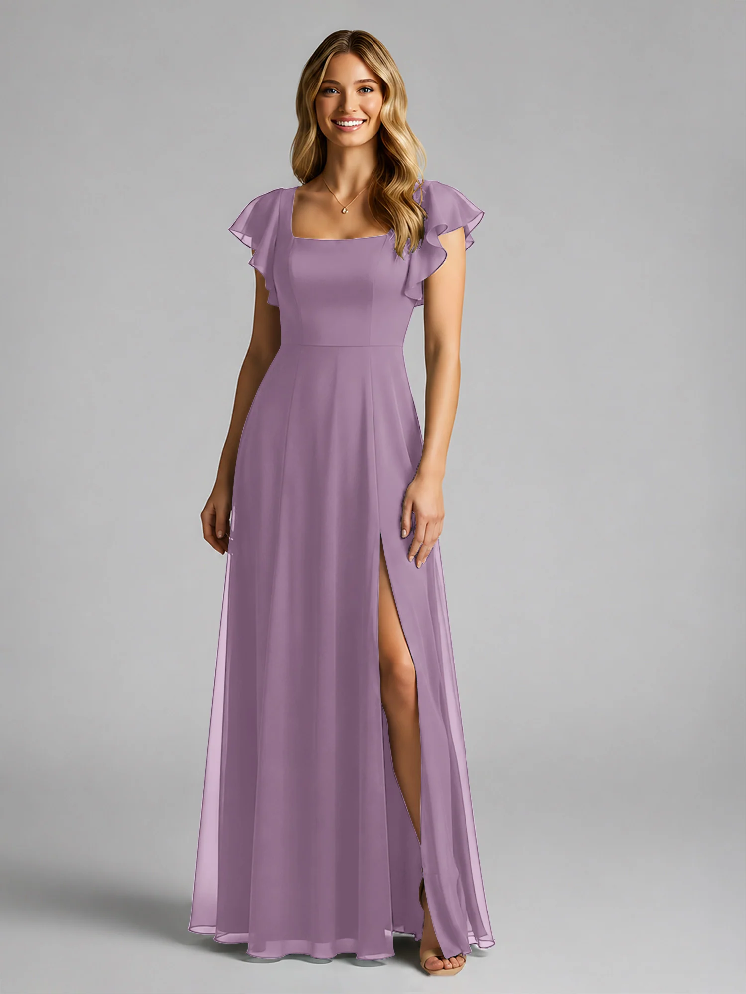 Chiffon Square Neck Flutter Sleeves Dresses With Slit Wisteria - Image 3
