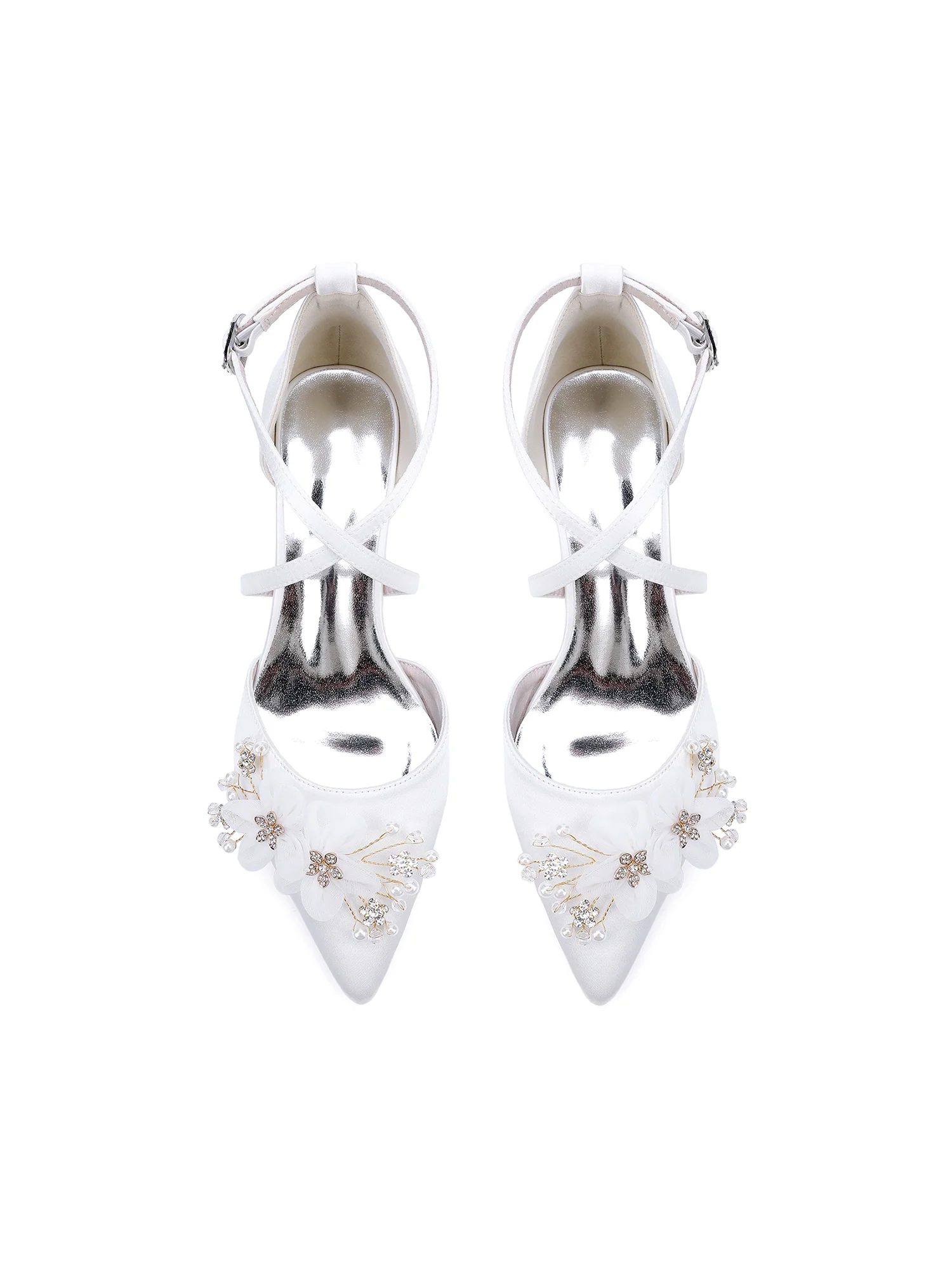 Satin Block Heel Pointed Flower High Heels - Image 5