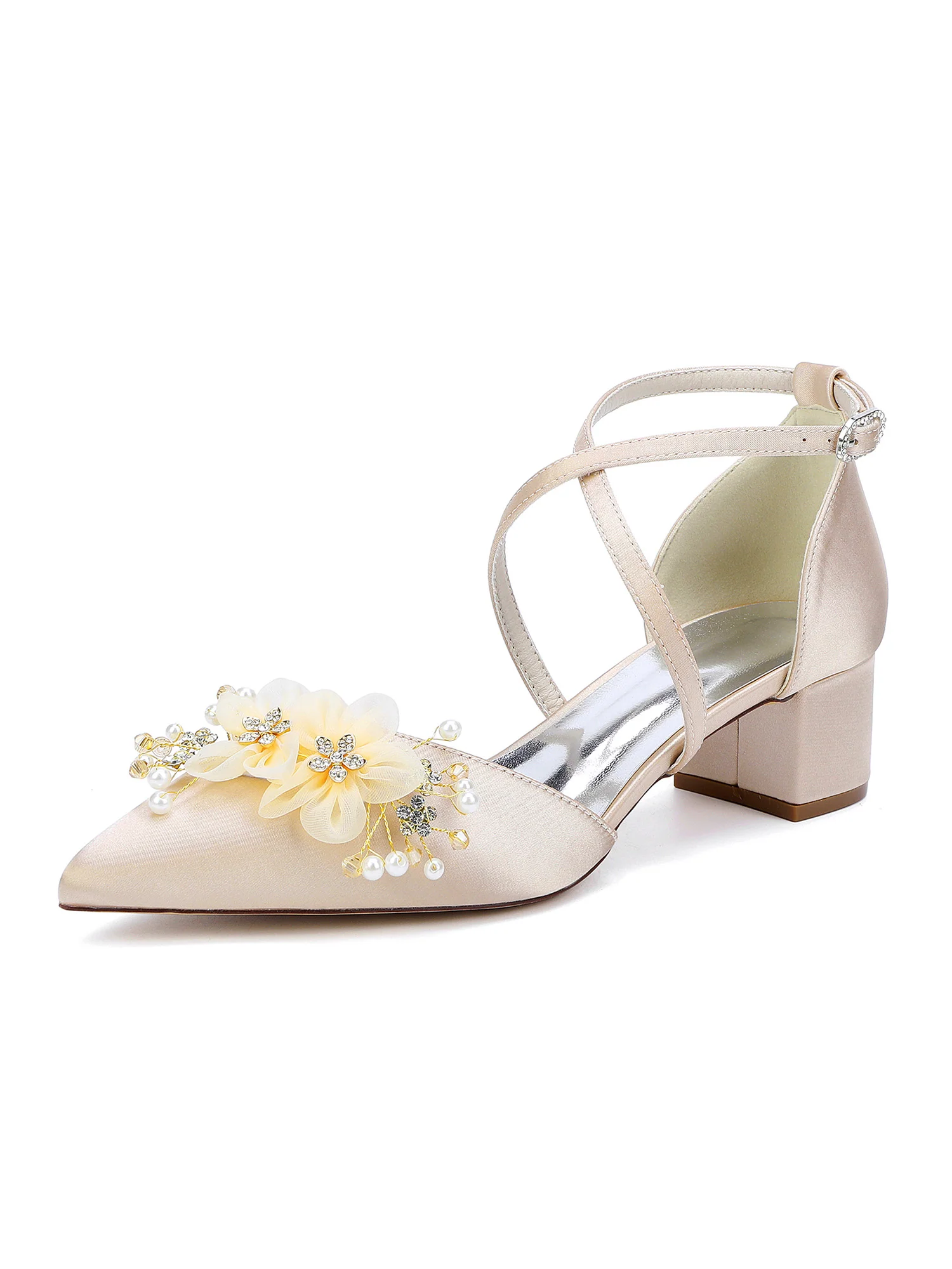 Satin Block Heel Pointed Flower High Heels - Image 8