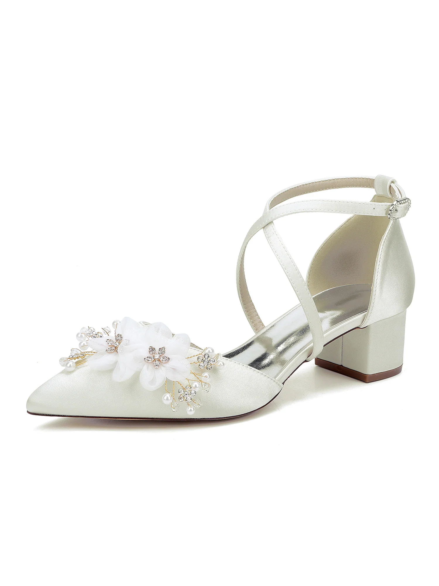 Satin Block Heel Pointed Flower High Heels - Image 9