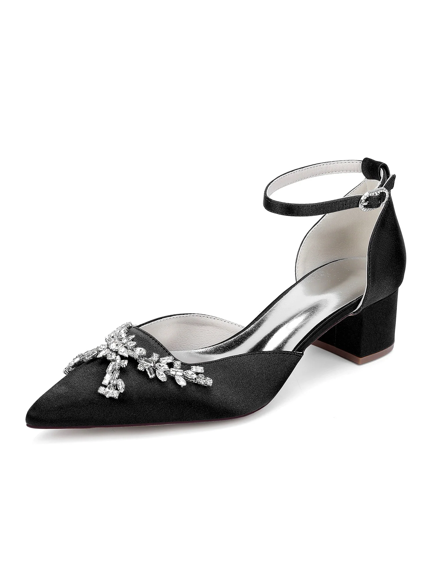 Satin Block Heel Pointed Toe Heels with Rhinestone - Image 7