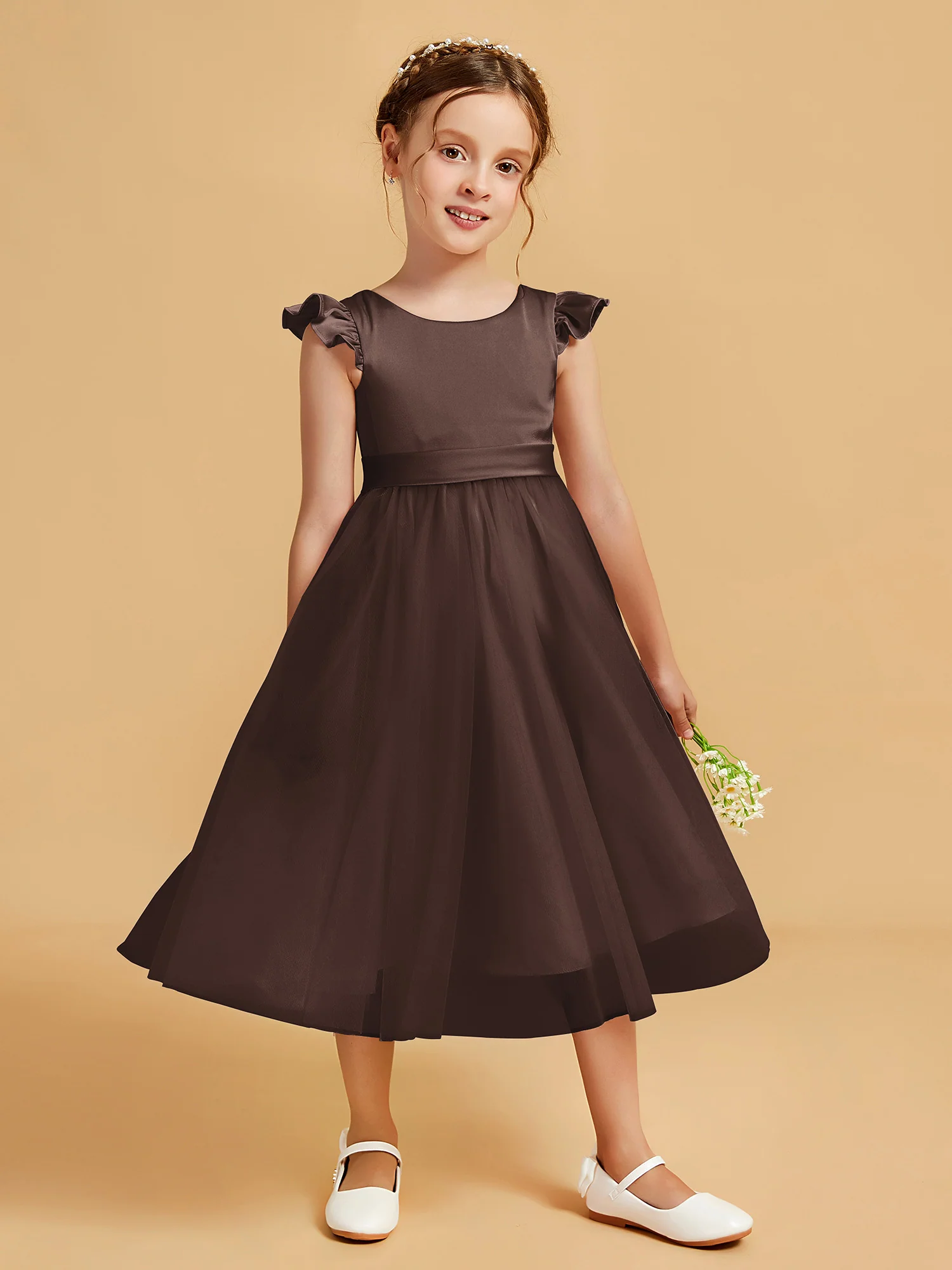 Satin Girl's Dress With Flutter Sleeves Chocolate