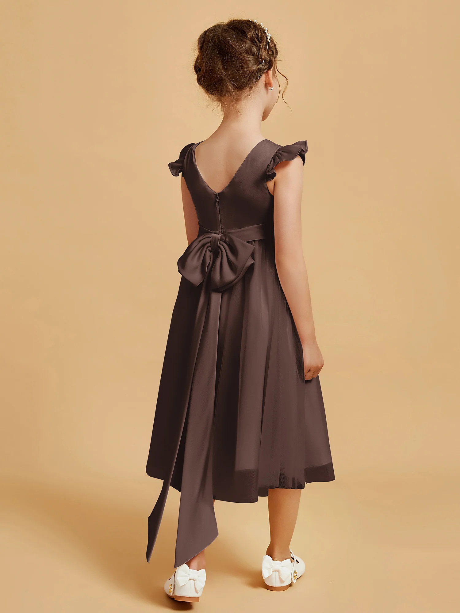 Satin Girl's Dress With Flutter Sleeves Chocolate - Image 2