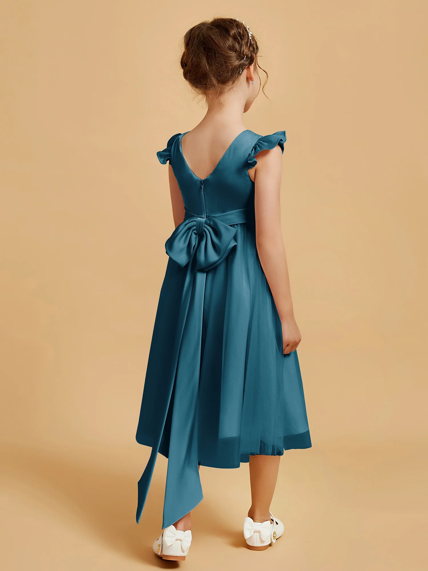 Satin Girl's Dress With Flutter Sleeves Ink Blue - Image 2