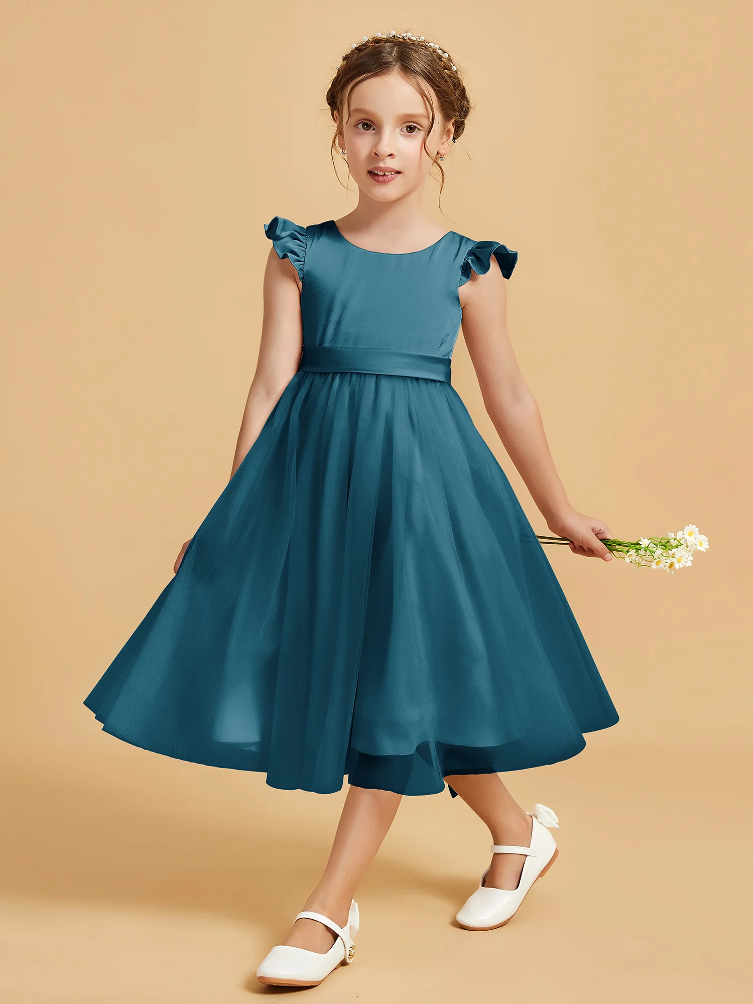 Satin Girl's Dress With Flutter Sleeves Ink Blue - Image 3