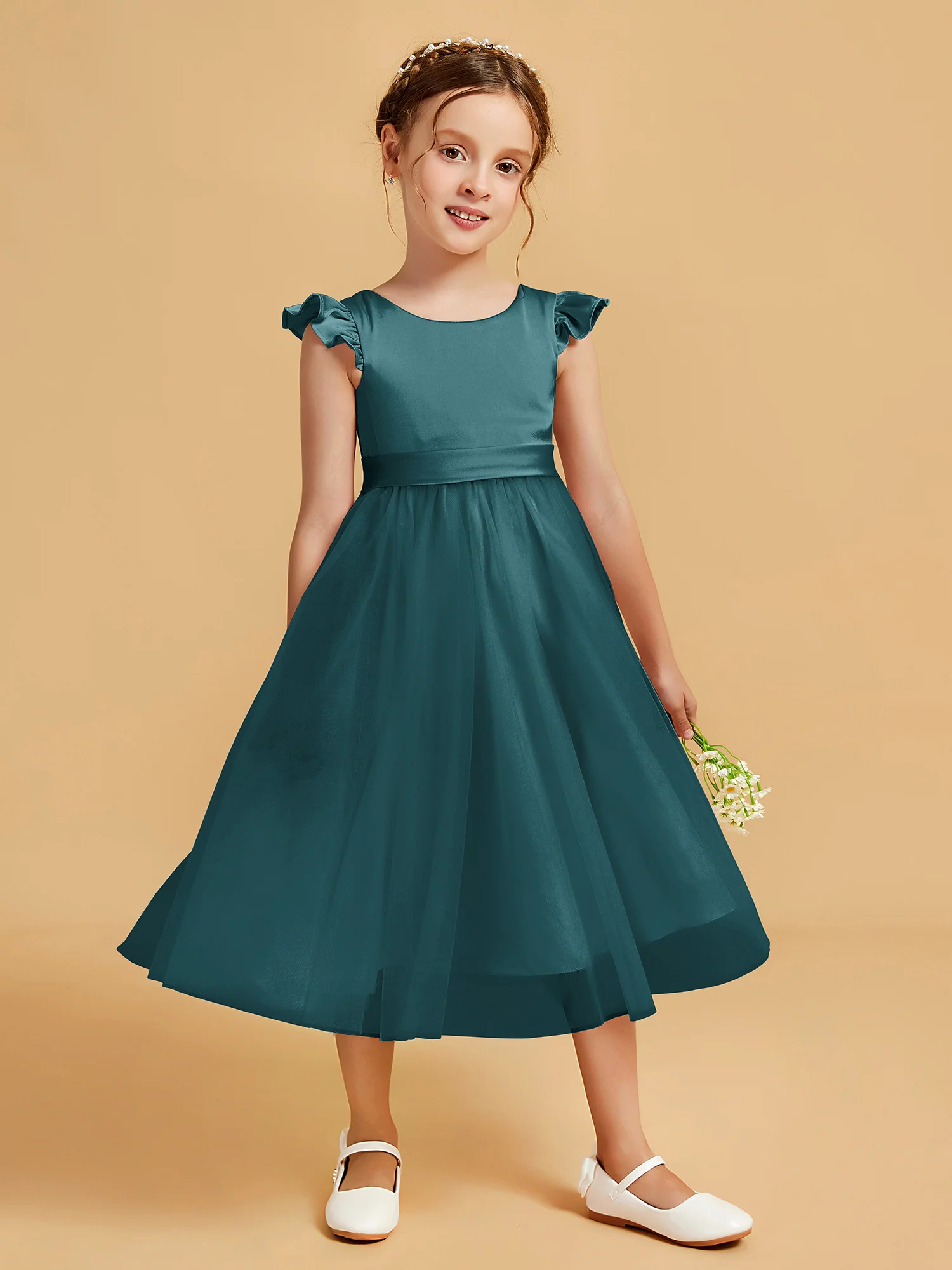 Satin Girl's Dress With Flutter Sleeves Peacock