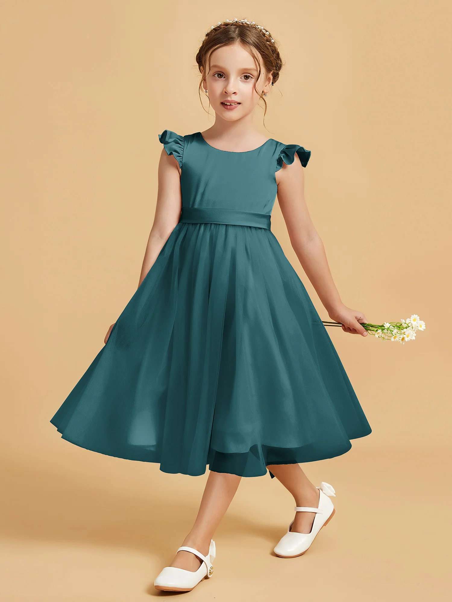Satin Girl's Dress With Flutter Sleeves Peacock - Image 3