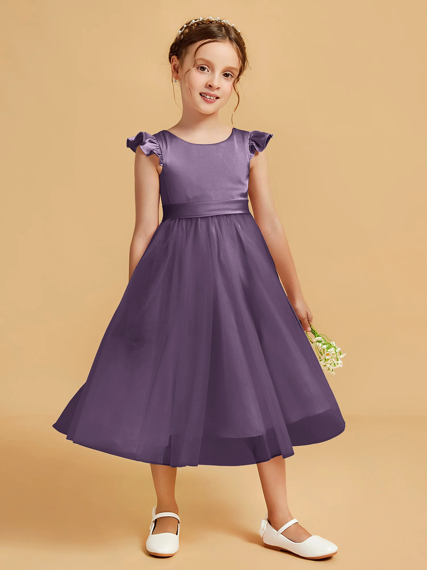 Satin Girl's Dress With Flutter Sleeves Plum
