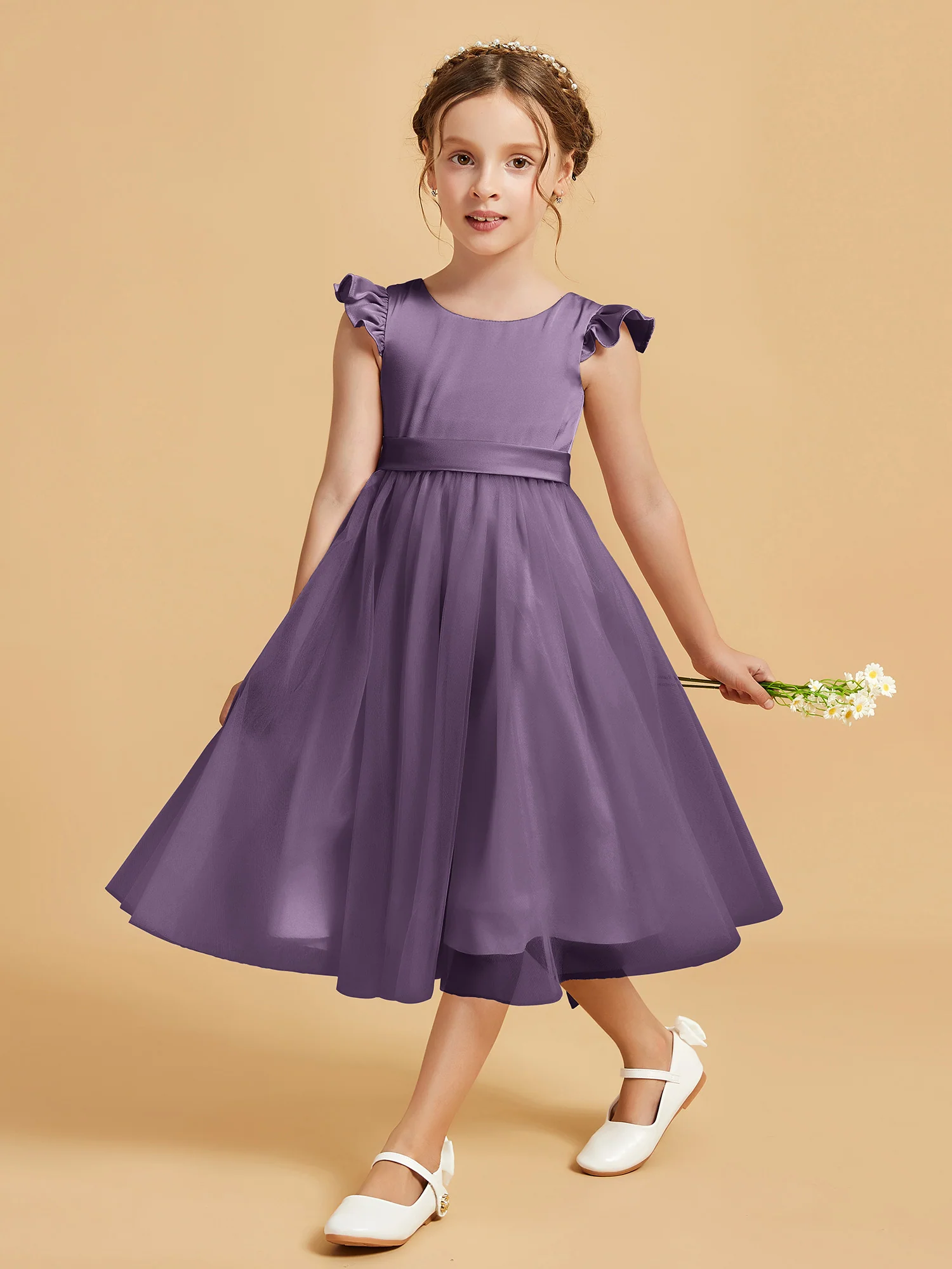 Satin Girl's Dress With Flutter Sleeves Plum - Image 3
