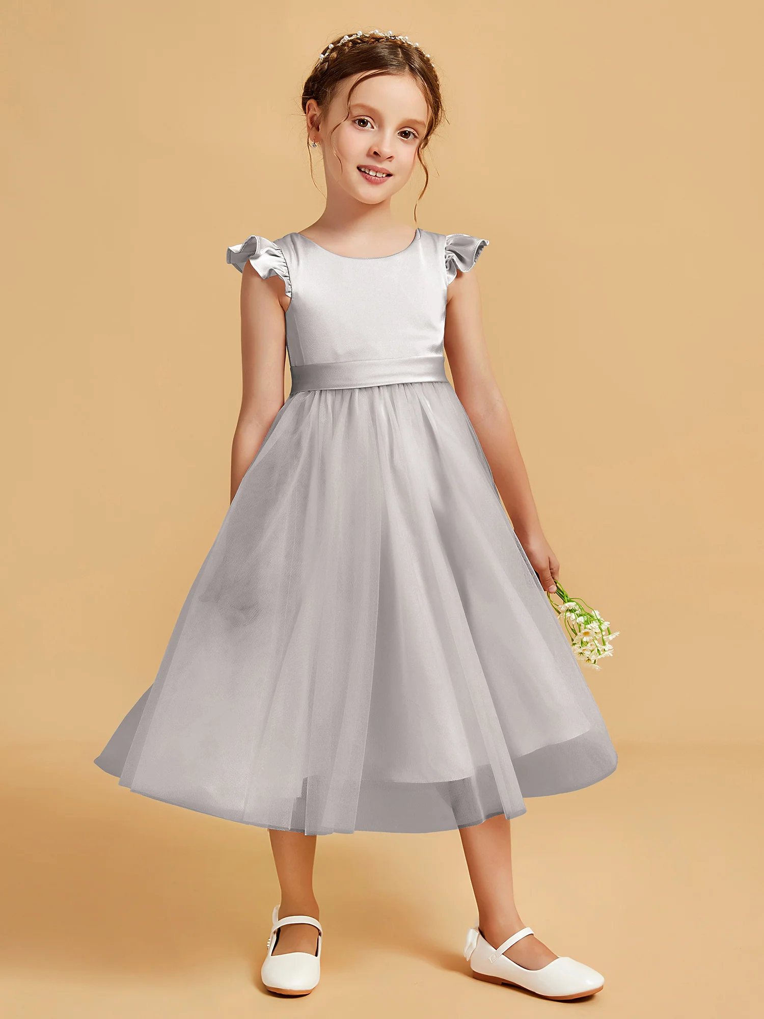 Satin Girl's Dress With Flutter Sleeves Silver