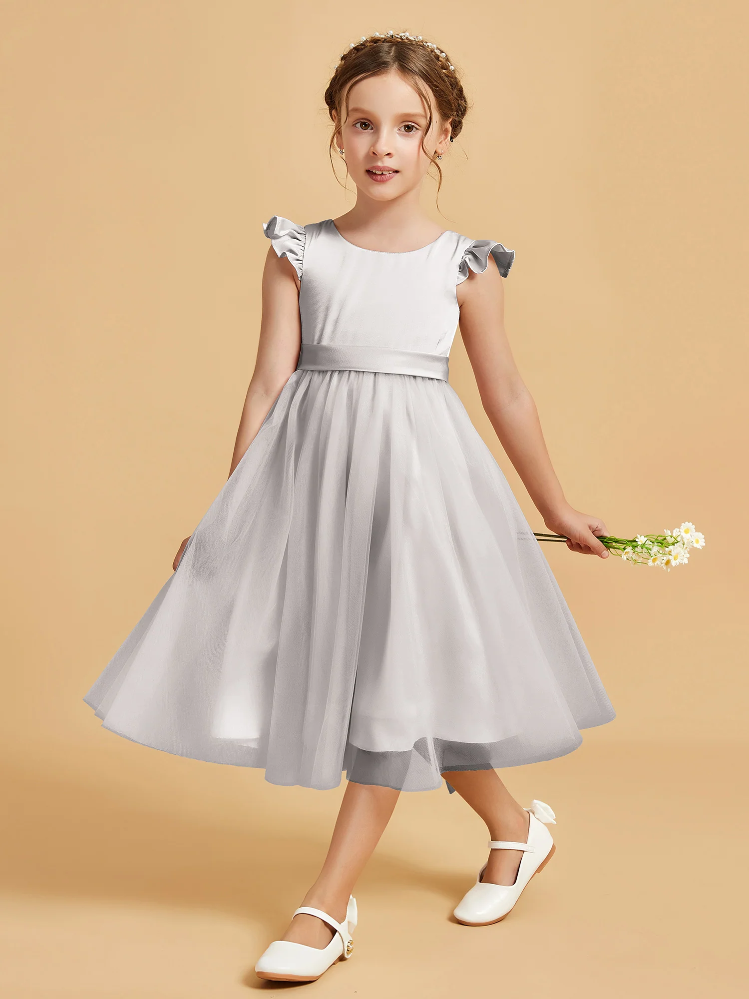 Satin Girl's Dress With Flutter Sleeves Silver - Image 3