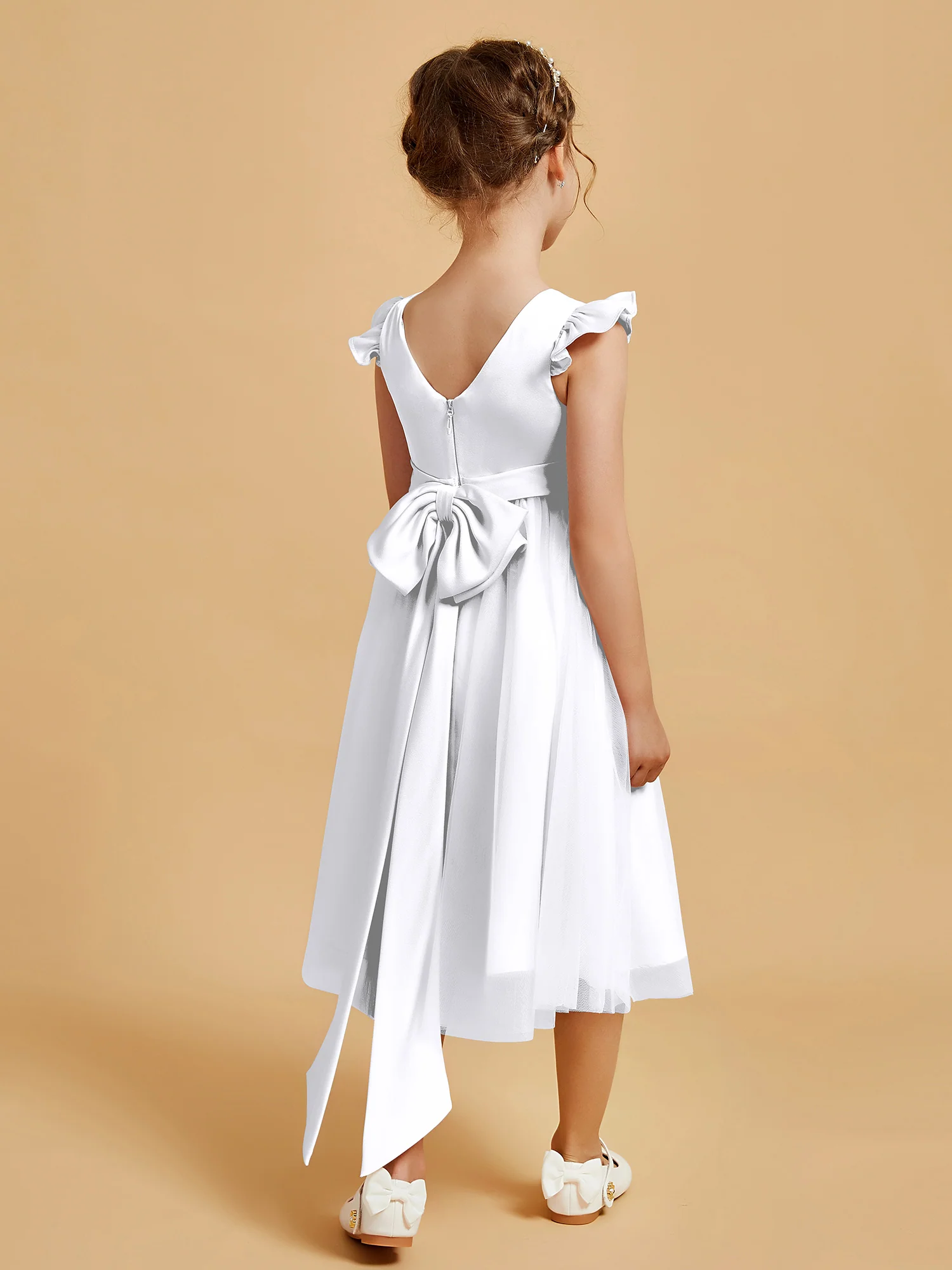 Satin Girl's Dress With Flutter Sleeves White - Image 2