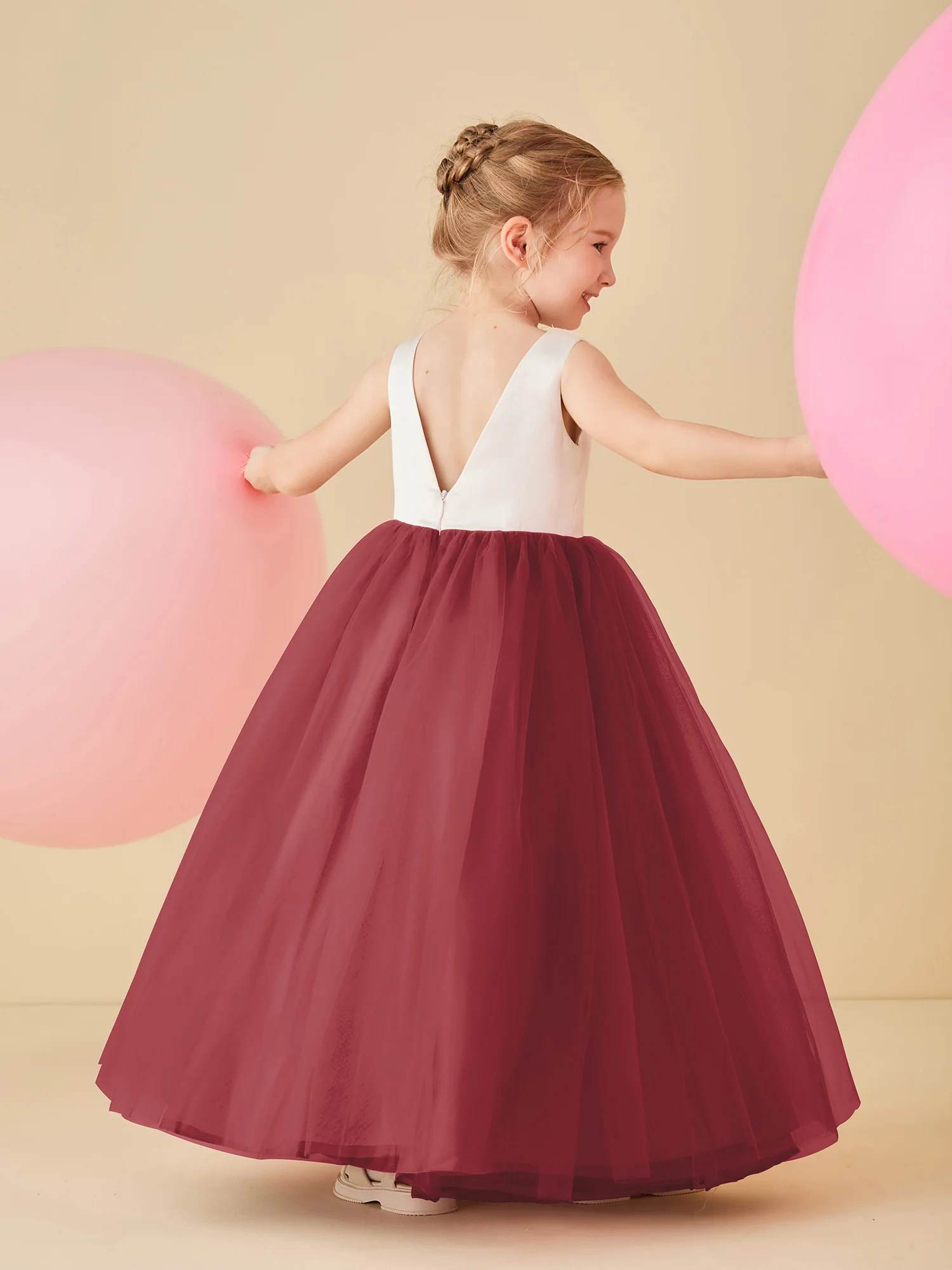Satin Tulle V-Back Floor-length Flower Girl Dress Cinnamon Rose - Image 2