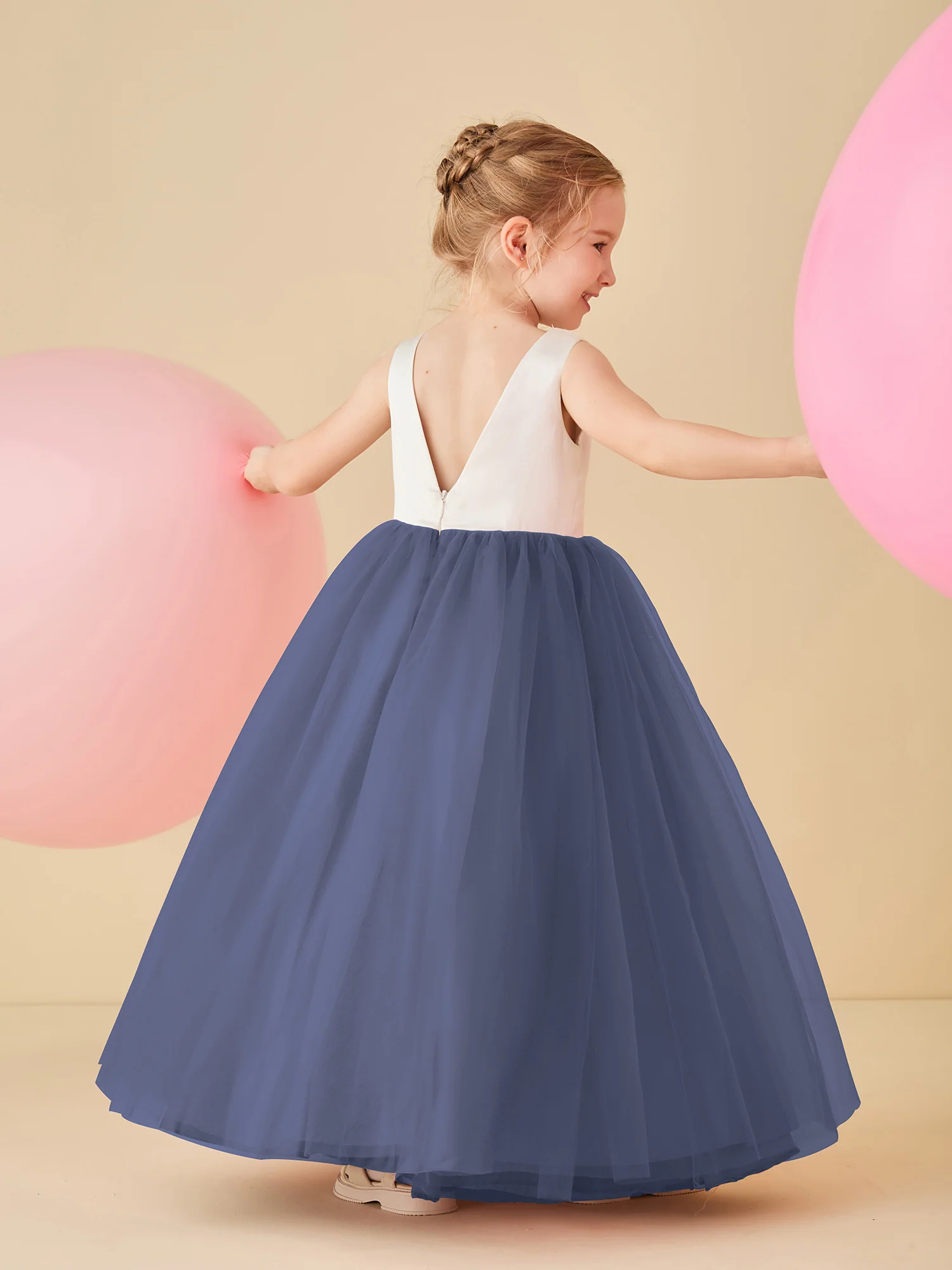Satin Tulle V-Back Floor-length Flower Girl Dress Periwinkle - Image 2