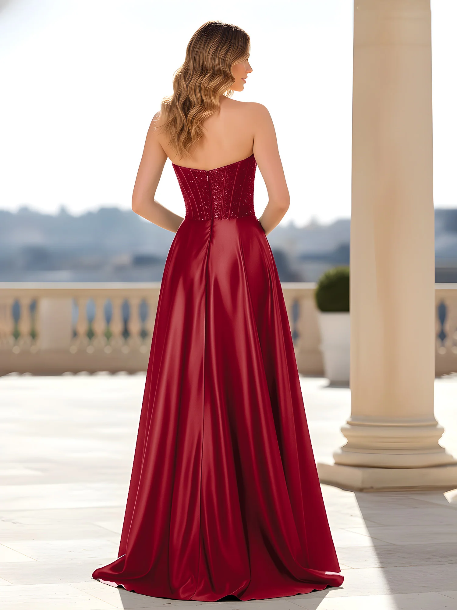 Strapless Satin Gown with Corset Bodice Burgundy - Image 2