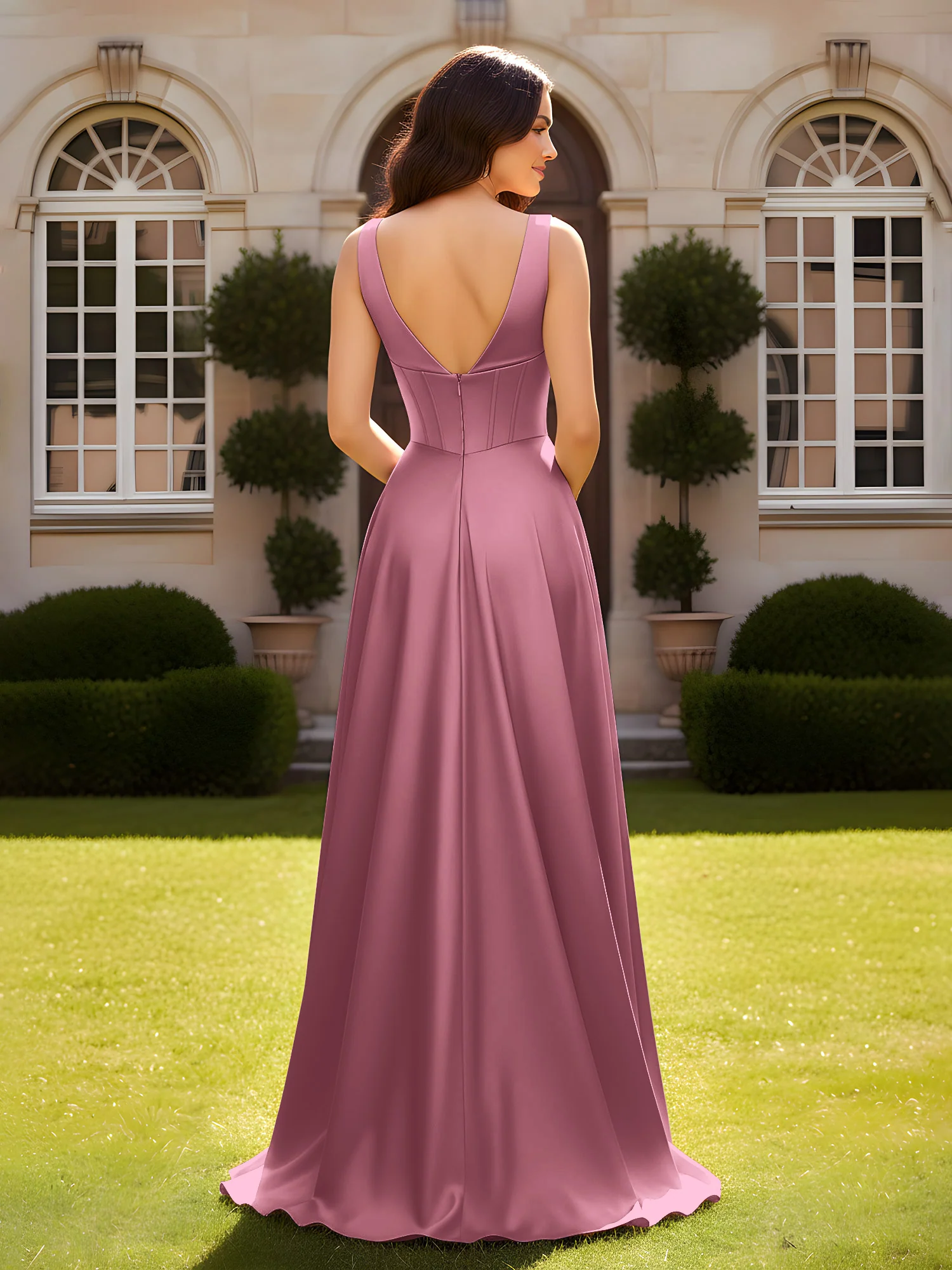 Sleeveless A-Line Evening Dress with Low V-Back Mulberry - Image 2