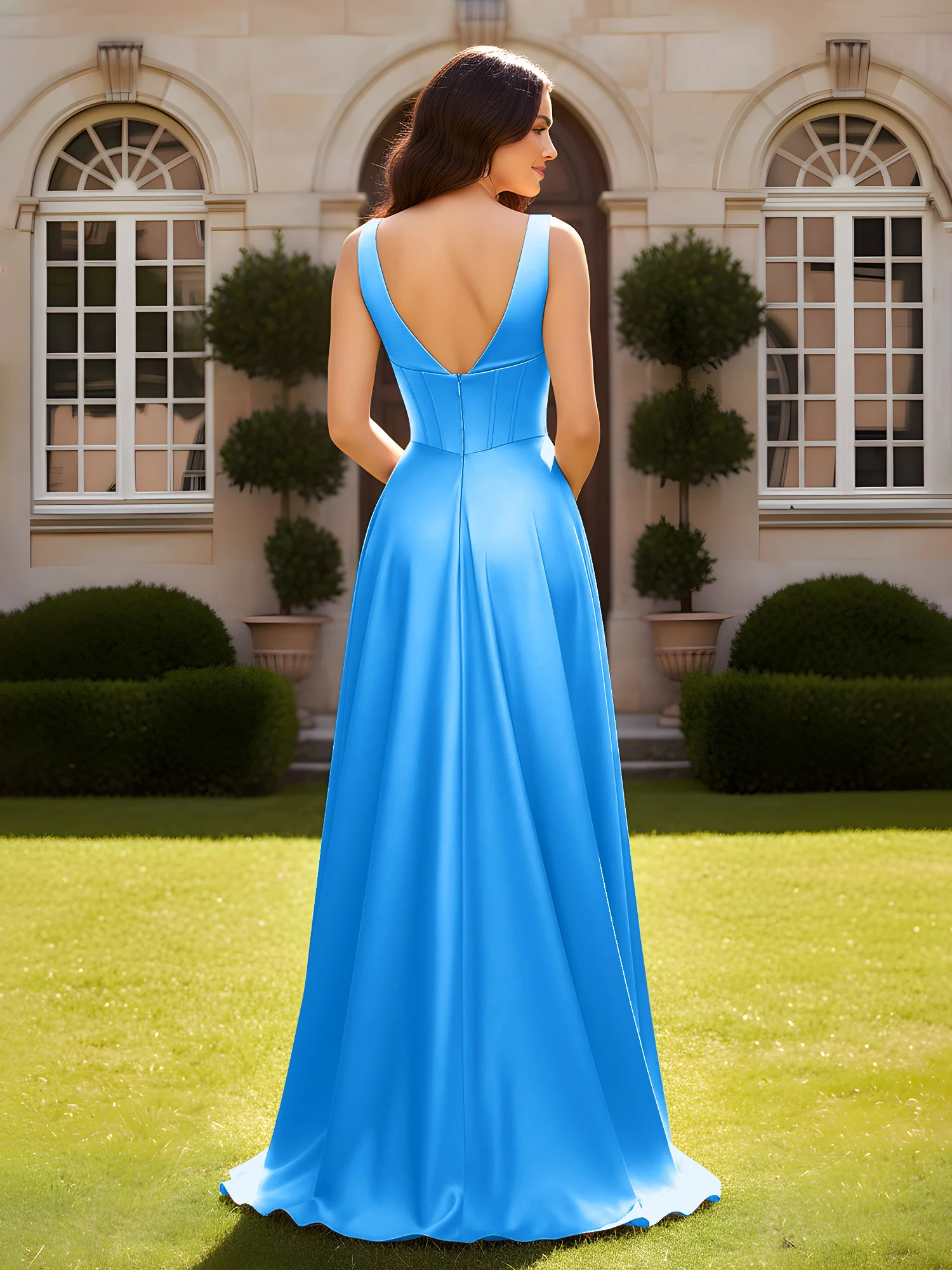 Sleeveless A-Line Evening Dress with Low V-Back Ocean Blue - Image 2