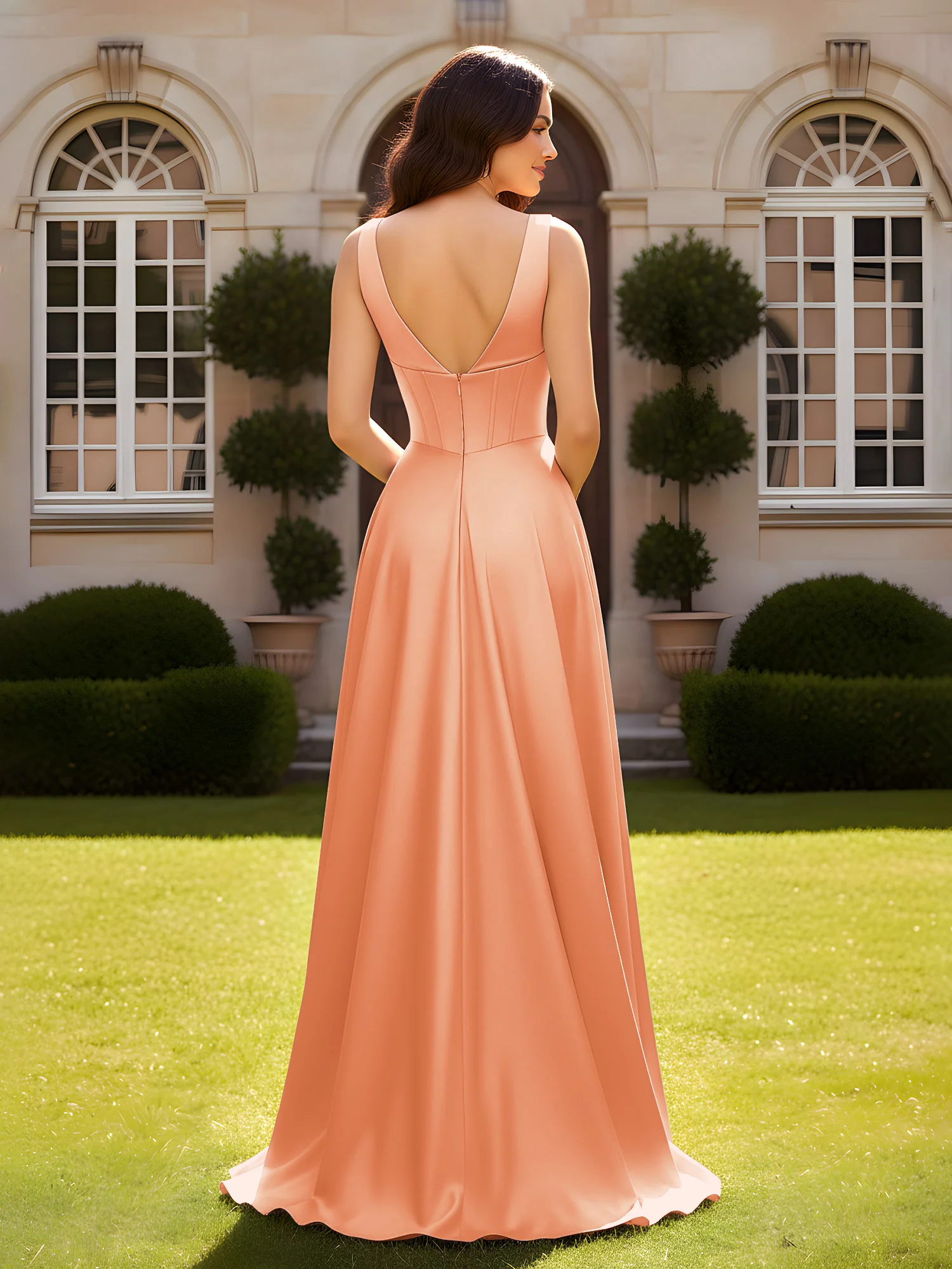 Sleeveless A-Line Evening Dress with Low V-Back Papaya - Image 2