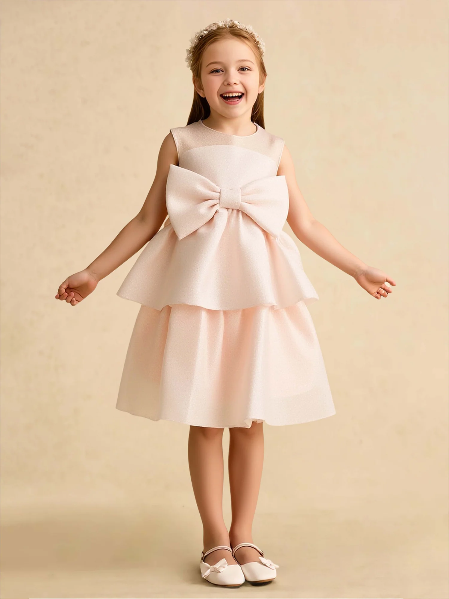 Scoop A-Line Double Tiered Flower Girl Dress With Bow Pearl Pink