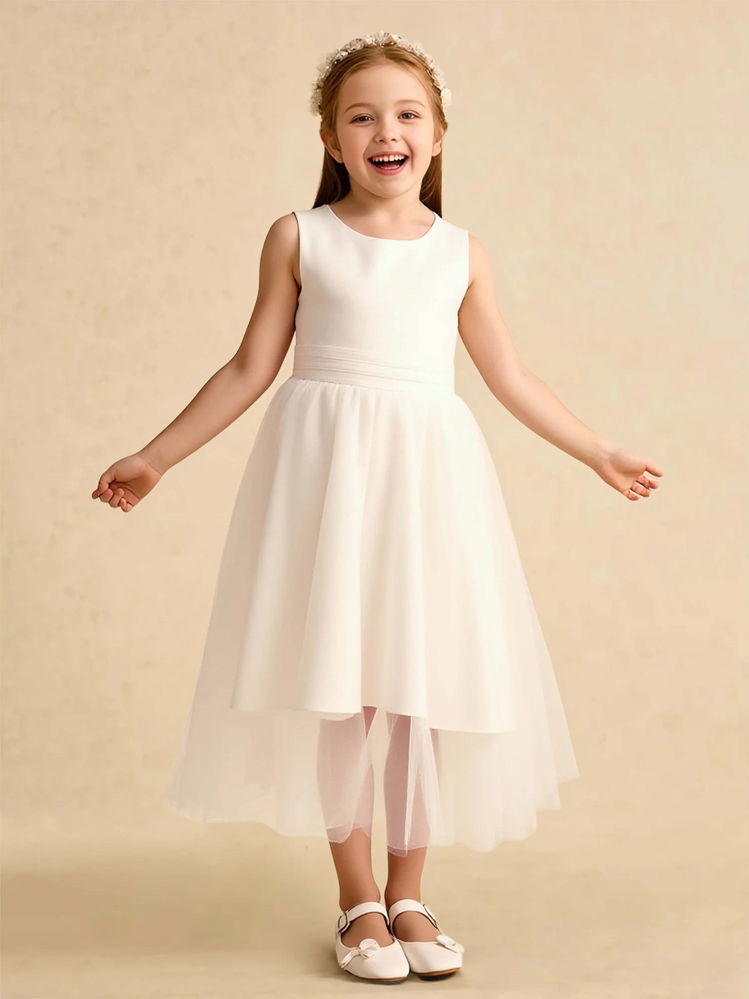 Scoop A-Line Satin Tulle Flower Girl Dress With Bow Ivory