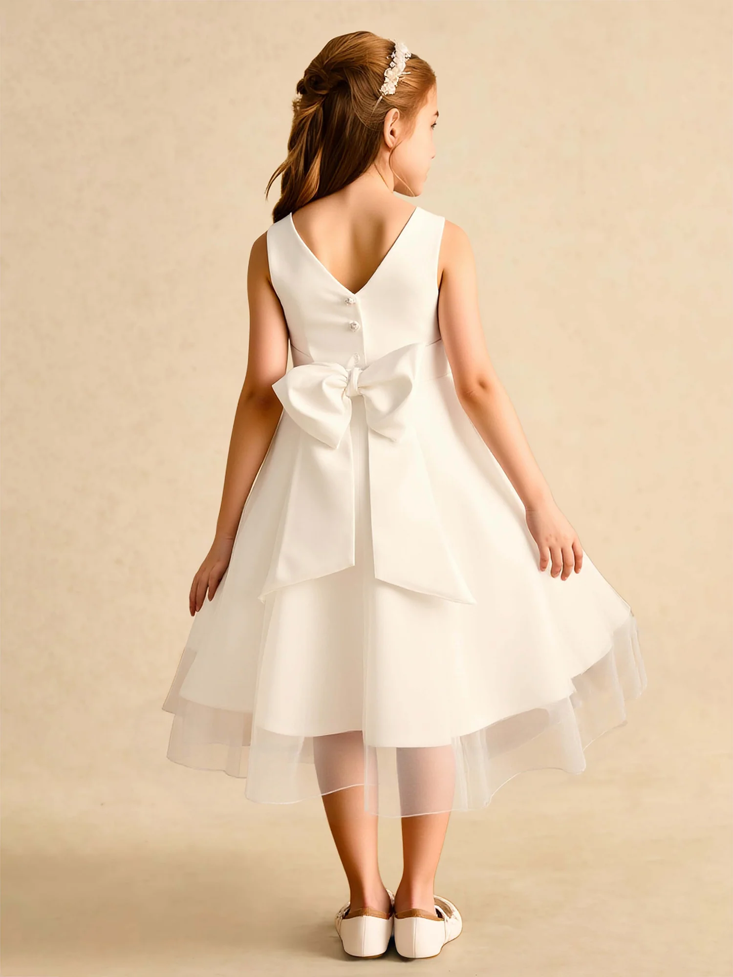 Scoop A-Line Satin Tulle Flower Girl Dress With Bow Ivory - Image 2