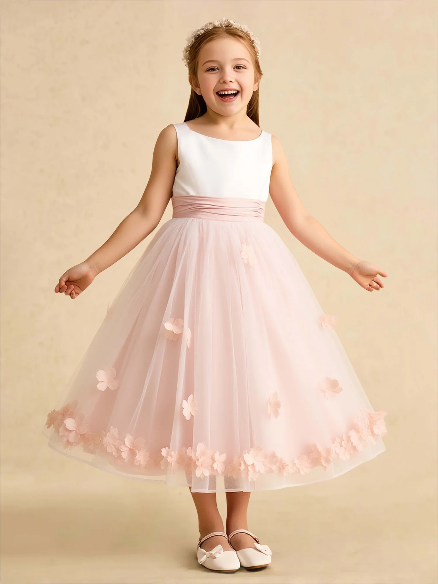 Scoop A-Line Tulle Flower Girl Dress With Flower Blushing Pink