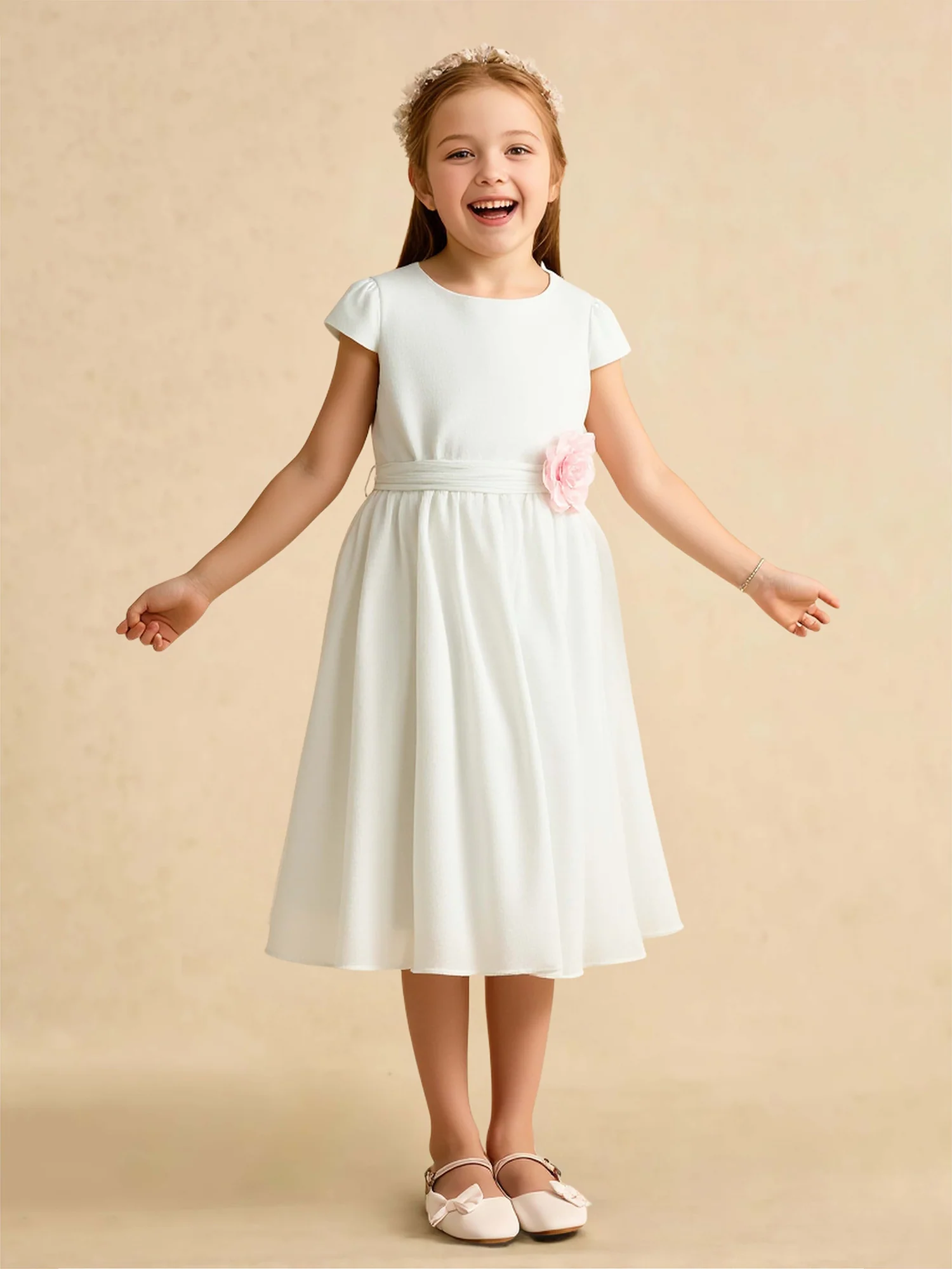Scoop Cap Sleeve A-Line Flower Girl Dress With Flower Ivory