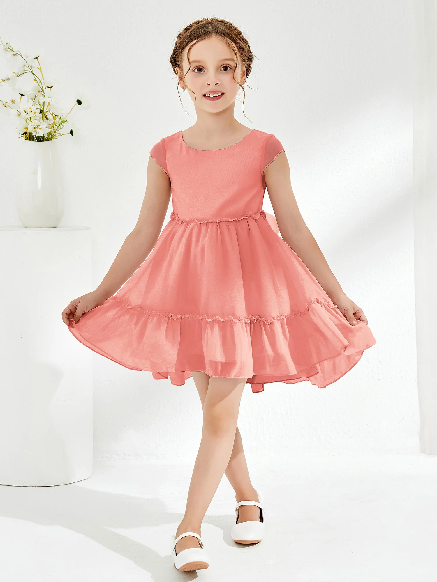 Scoop Chiffon Girl's Knee-Length Dress Coral - Image 3
