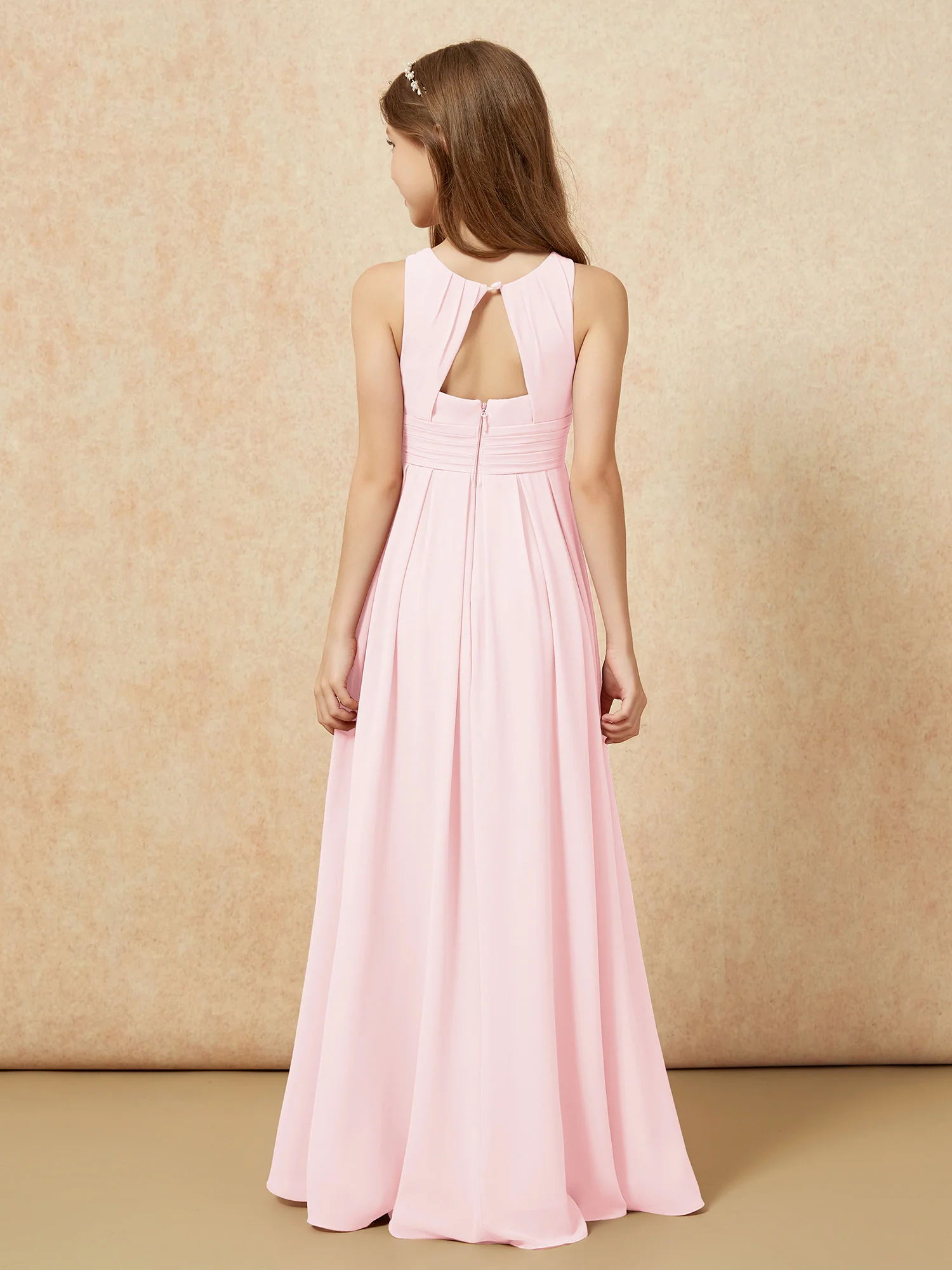 Scoop Neck Pleated Long Junior Bridesmaid Dresses Blushing Pink - Image 2
