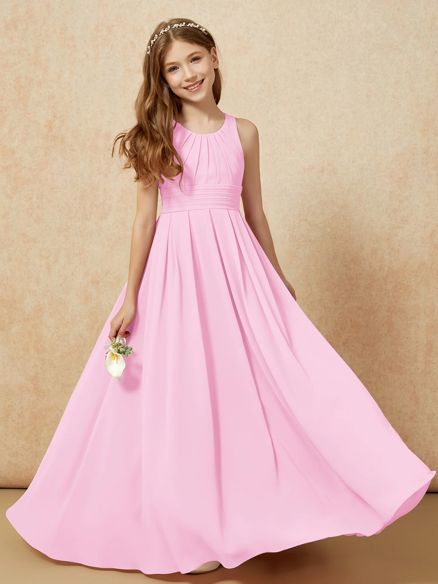 Scoop Neck Pleated Long Junior Bridesmaid Dresses Candy Pink