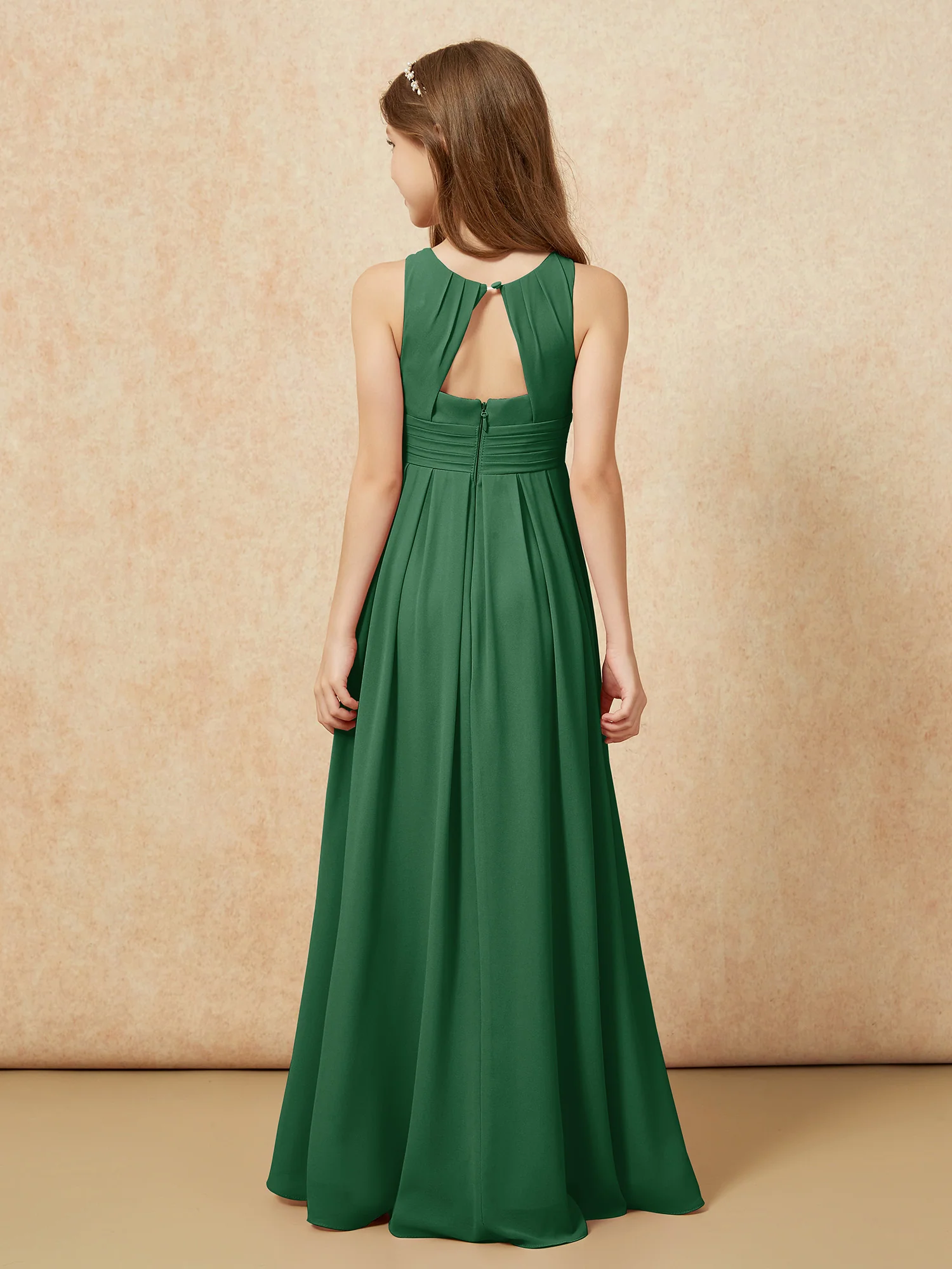 Scoop Neck Pleated Long Junior Bridesmaid Dresses Dark Green - Image 2