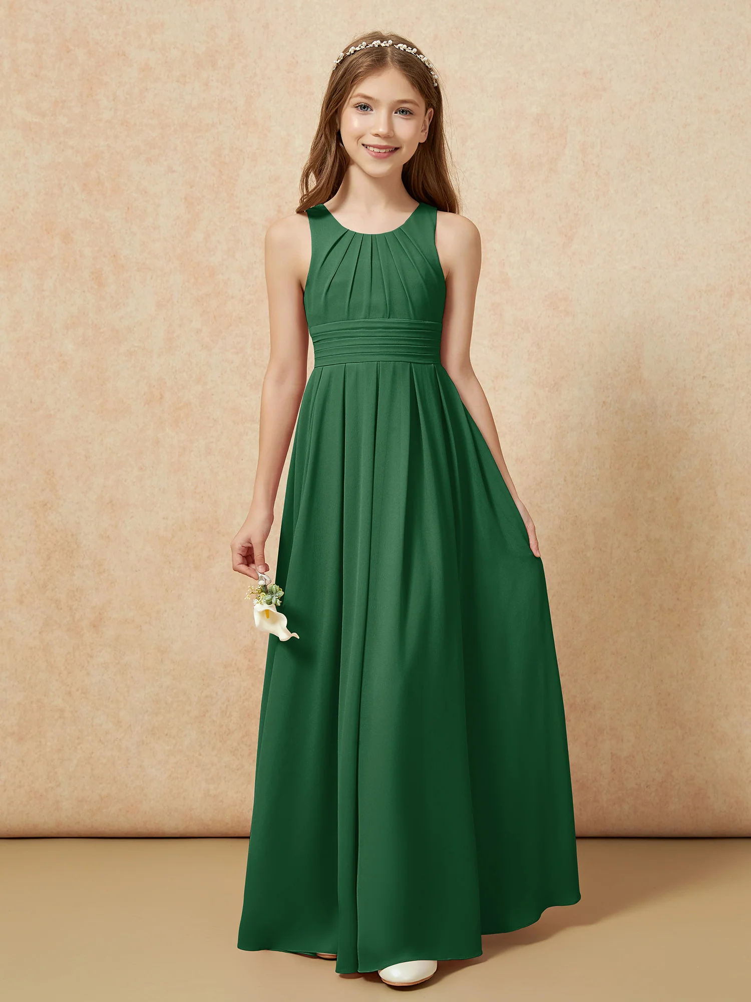 Scoop Neck Pleated Long Junior Bridesmaid Dresses Dark Green - Image 5