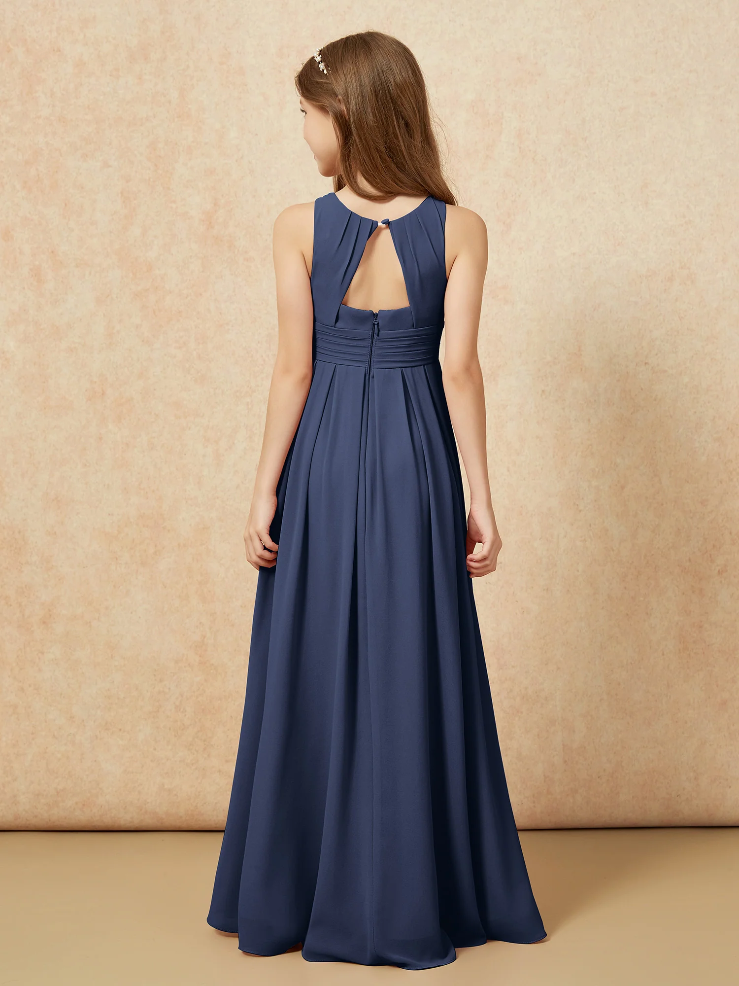 Scoop Neck Pleated Long Junior Bridesmaid Dresses Dark Navy - Image 2