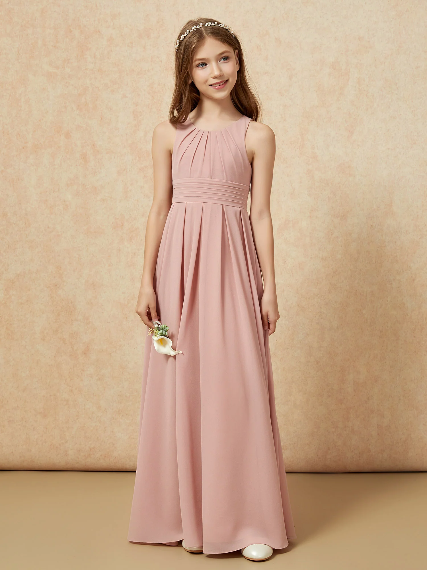 Scoop Neck Pleated Long Junior Bridesmaid Dresses Dusty Rose - Image 4