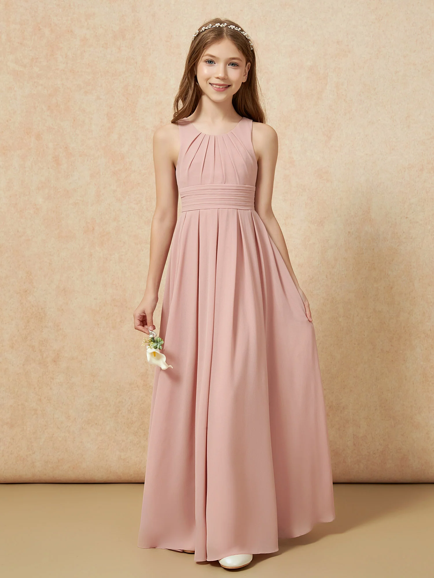 Scoop Neck Pleated Long Junior Bridesmaid Dresses Dusty Rose - Image 5