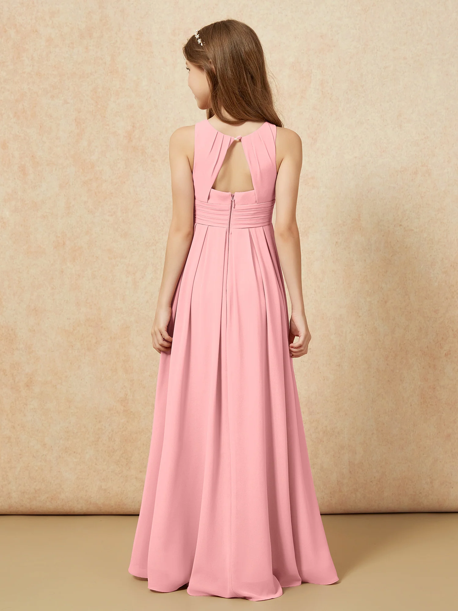Scoop Neck Pleated Long Junior Bridesmaid Dresses Flamingo - Image 2