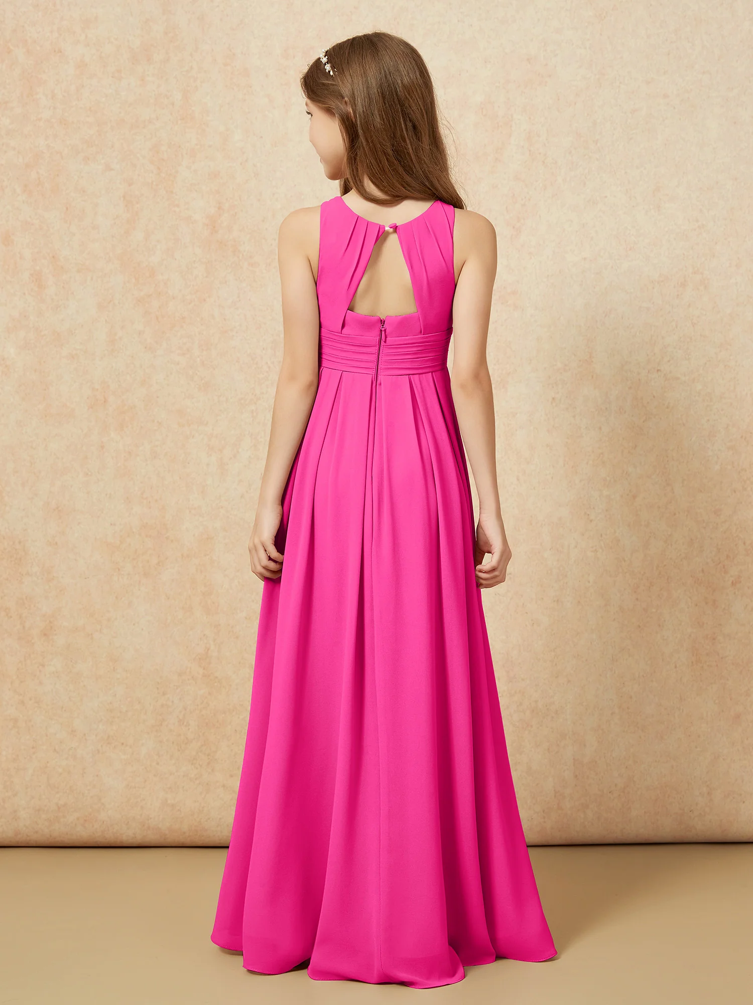 Scoop Neck Pleated Long Junior Bridesmaid Dresses Fuchsia - Image 2