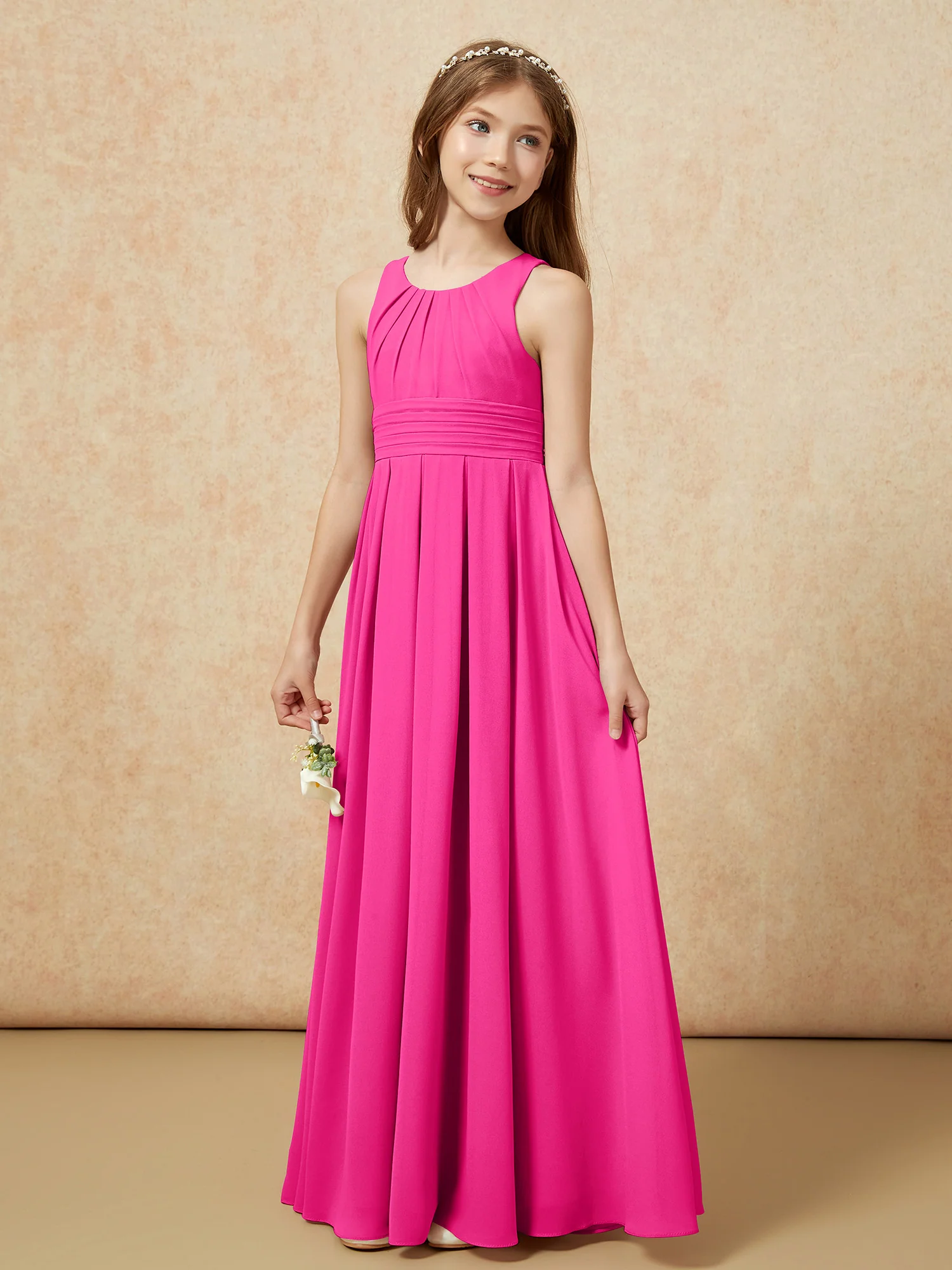 Scoop Neck Pleated Long Junior Bridesmaid Dresses Fuchsia - Image 3