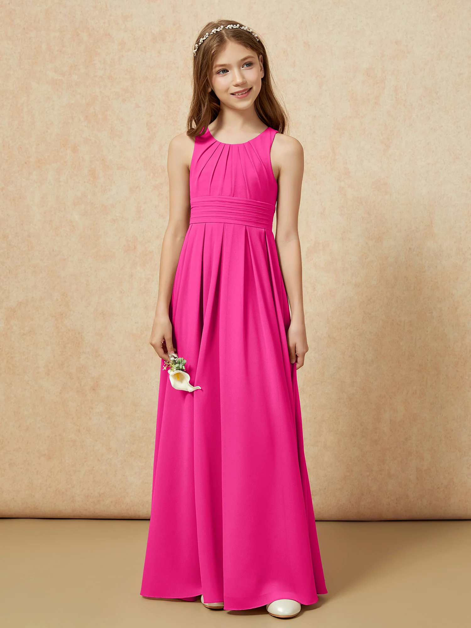 Scoop Neck Pleated Long Junior Bridesmaid Dresses Fuchsia - Image 4