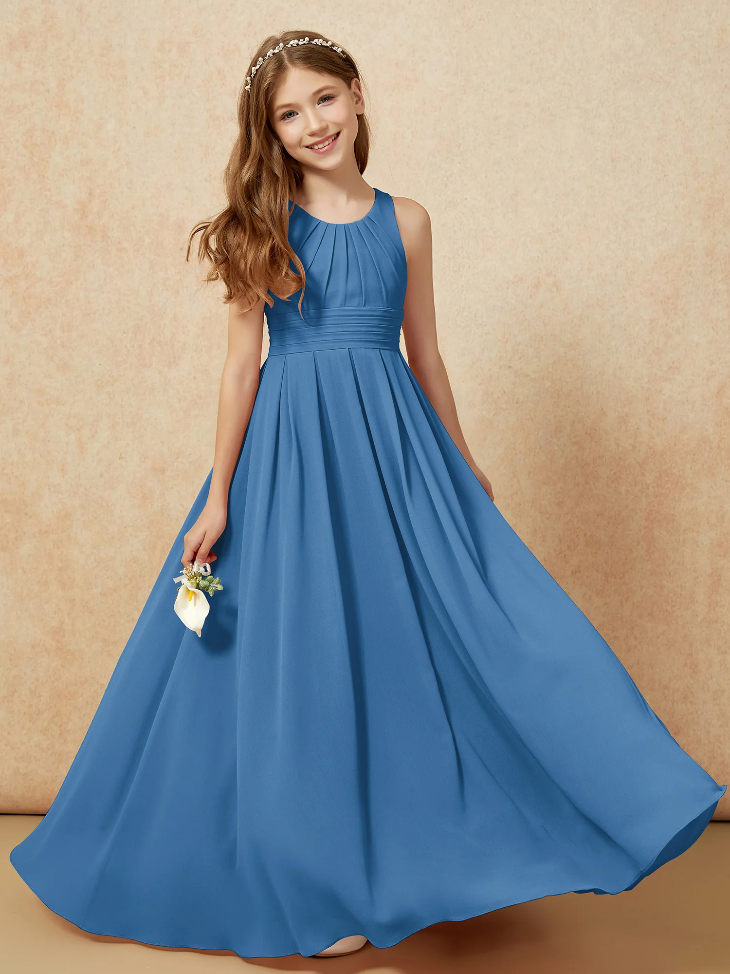 Scoop Neck Pleated Long Junior Bridesmaid Dresses Ink Blue
