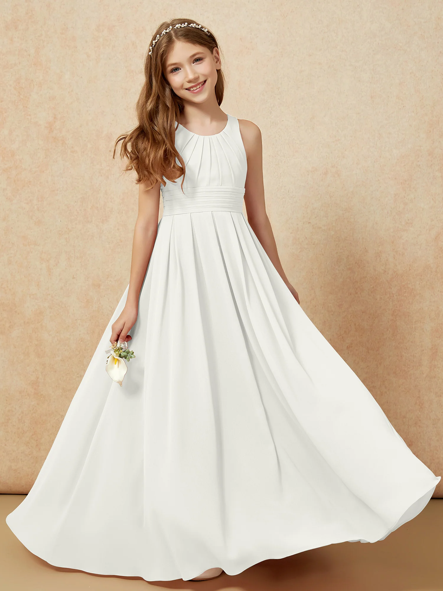 Scoop Neck Pleated Long Junior Bridesmaid Dresses Ivory
