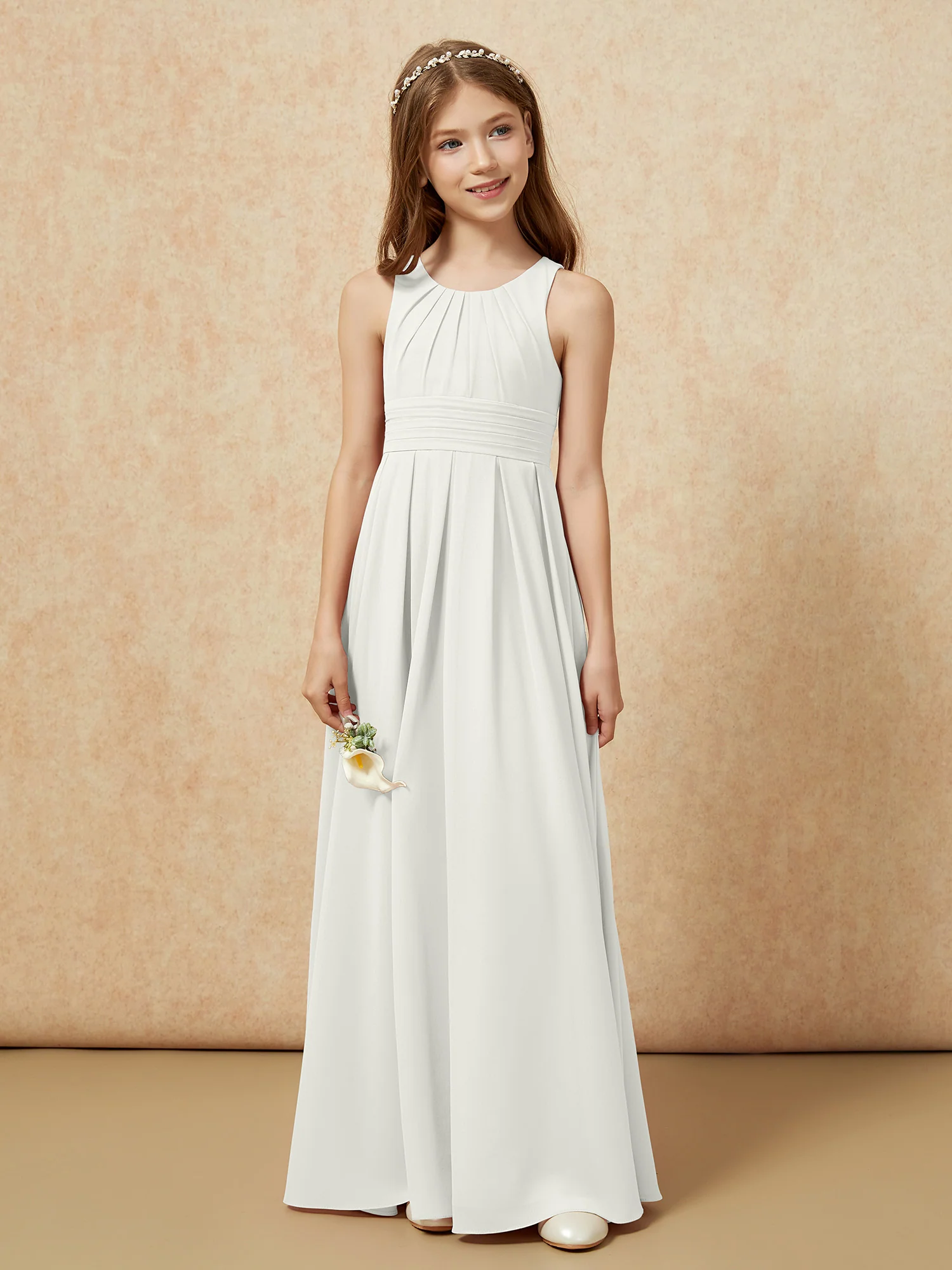 Scoop Neck Pleated Long Junior Bridesmaid Dresses Ivory - Image 4